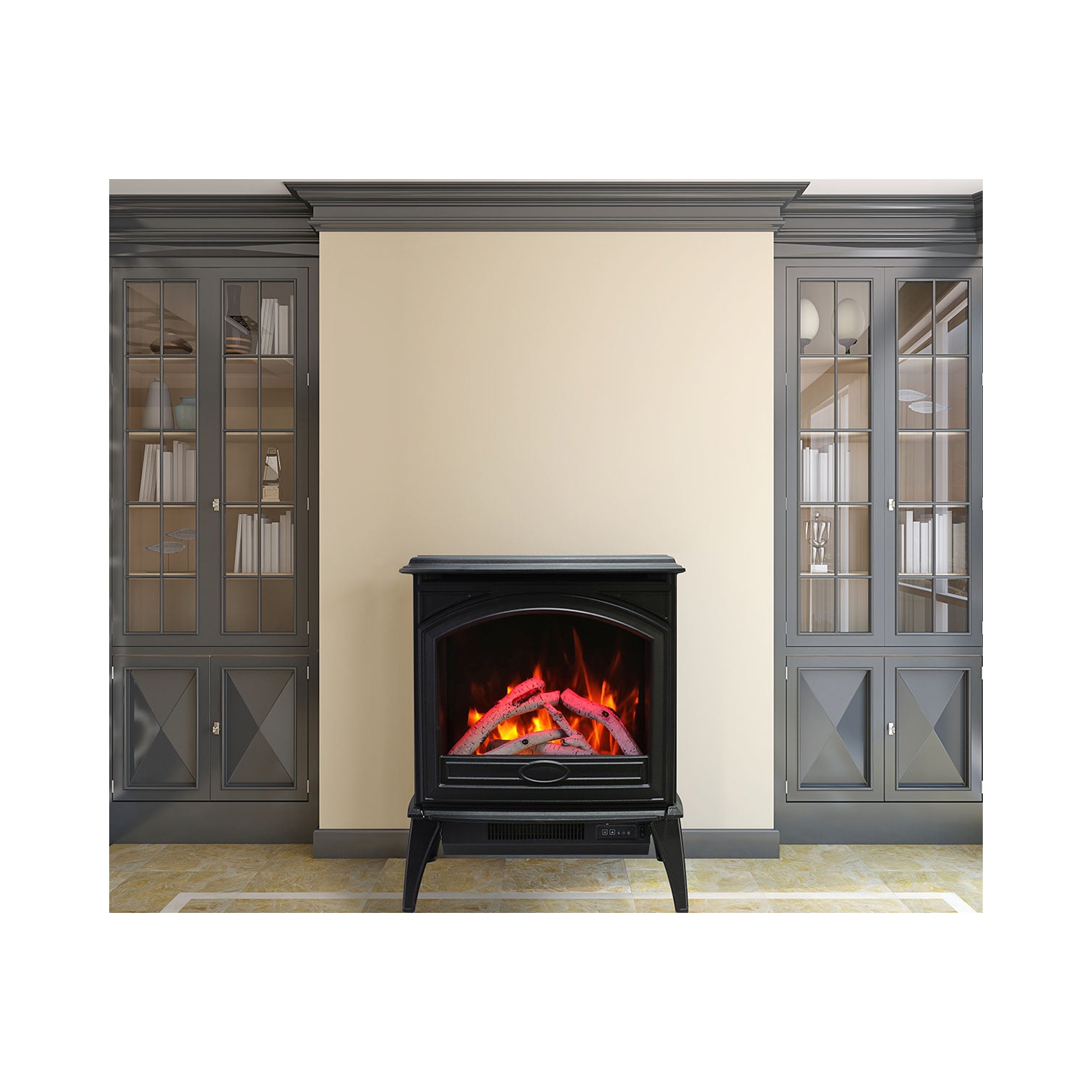 Le foyer électrique en fonte 70 Freeset est offert avec un ensemble de bûches réaliste de 10 pièces en bouleau, 2 couleurs de verre à foyer, deux