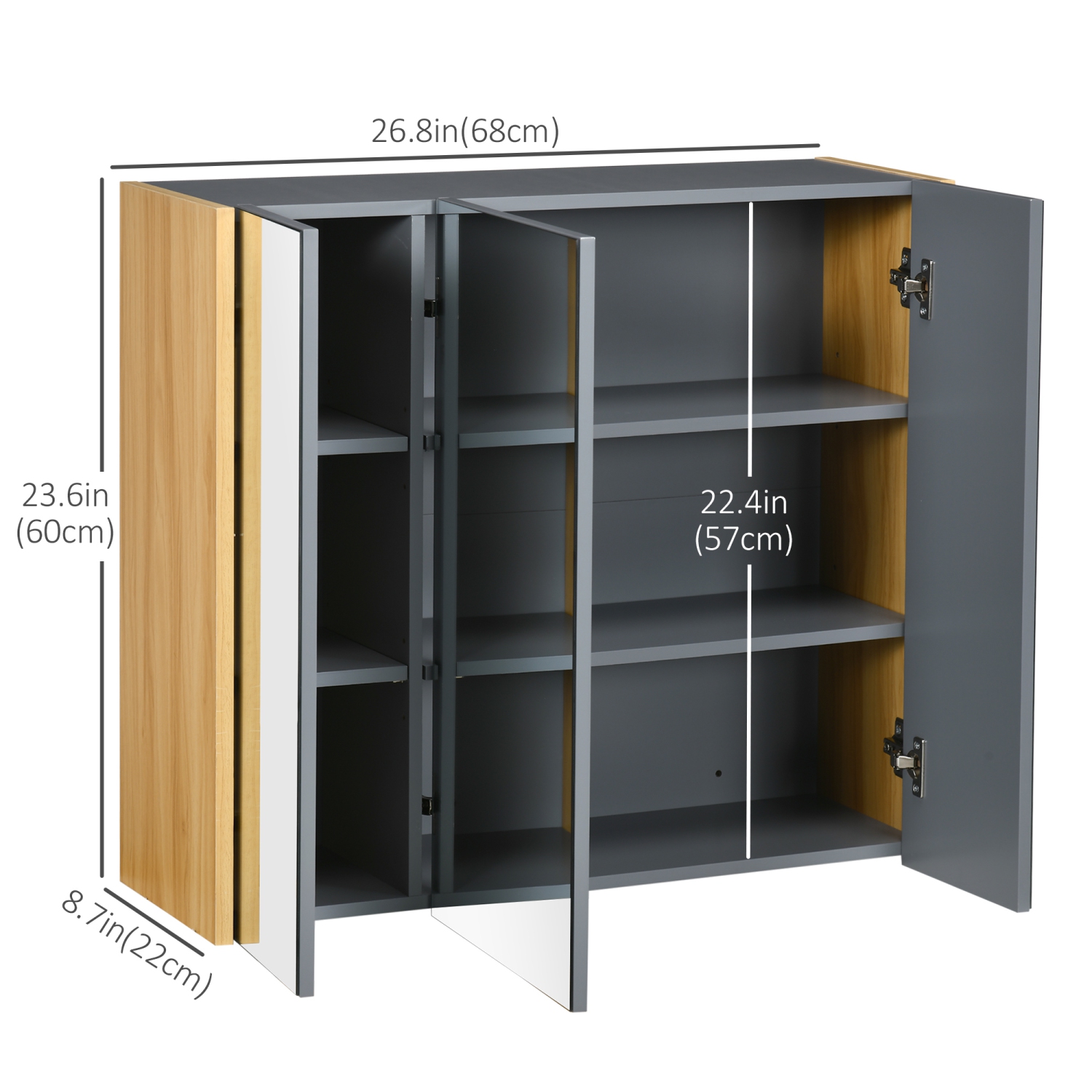 kleankin Armoire à pharmacie murale armoire de miroir de salle de bain avec 3 portes et étagères de rangement réglables, gris