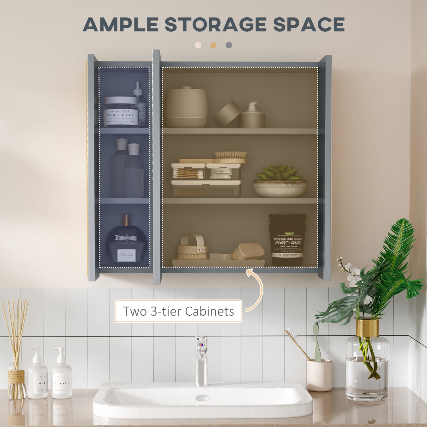 kleankin Armoire à pharmacie murale armoire de miroir de salle de bain avec 3 portes et étagères de rangement réglables, gris