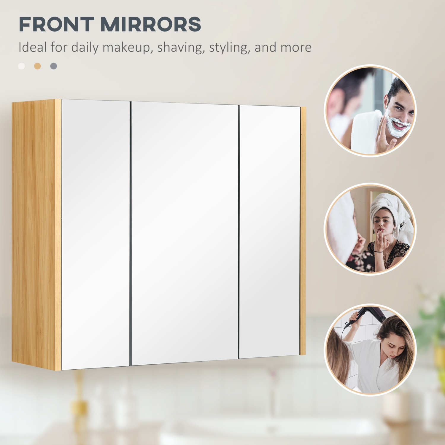 kleankin Armoire à pharmacie murale armoire de miroir de salle de bain avec 3 portes et étagères de rangement réglables, gris