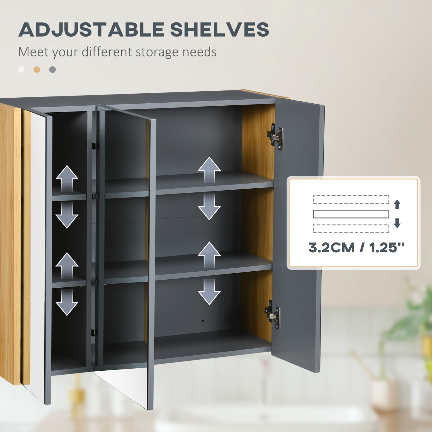 kleankin Armoire à pharmacie murale armoire de miroir de salle de bain avec 3 portes et étagères de rangement réglables, gris