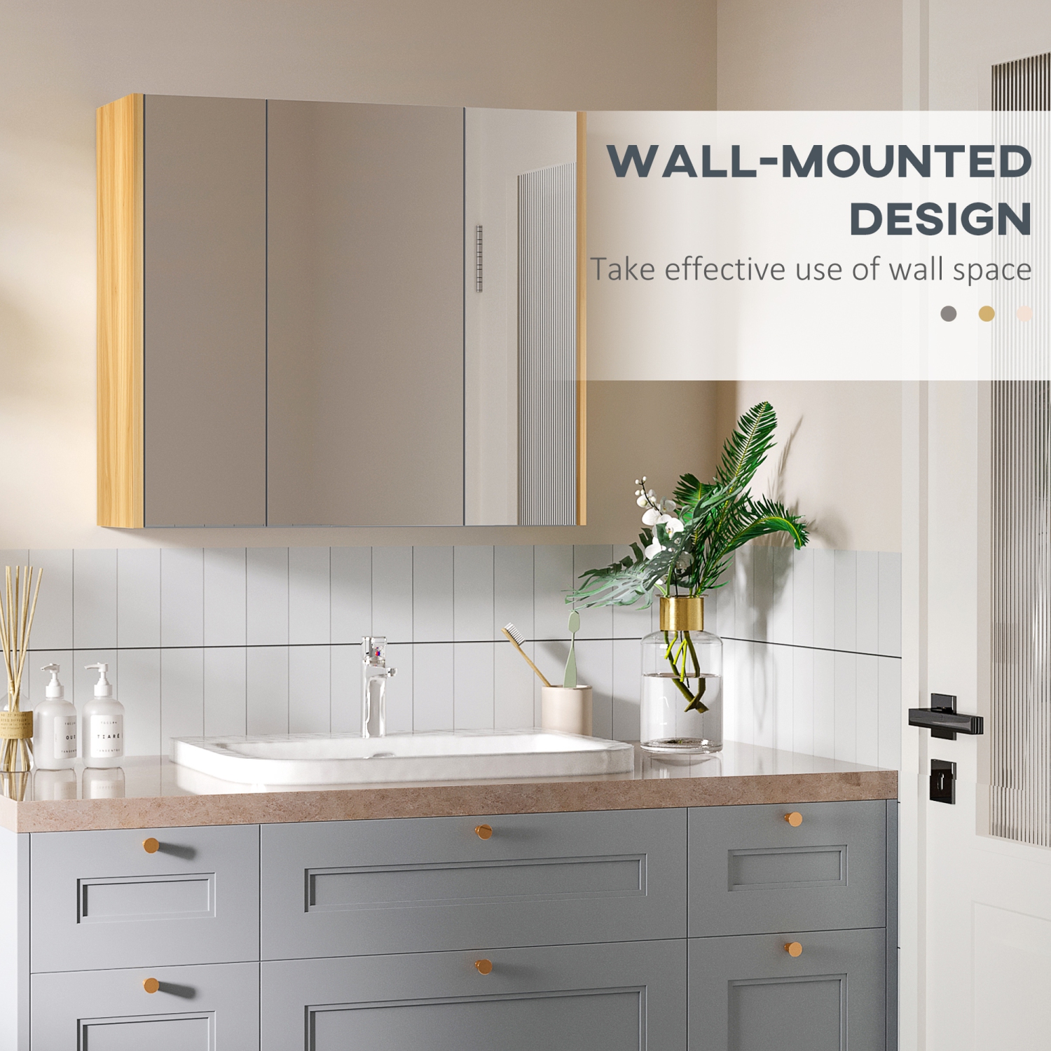 kleankin Armoire à pharmacie murale armoire de miroir de salle de bain avec 3 portes et étagères de rangement réglables, gris