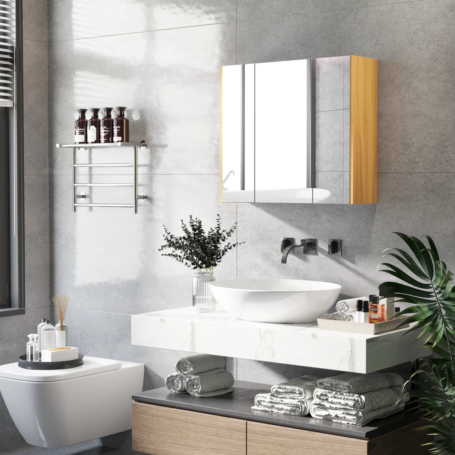 kleankin Armoire à pharmacie murale armoire de miroir de salle de bain avec 3 portes et étagères de rangement réglables, gris