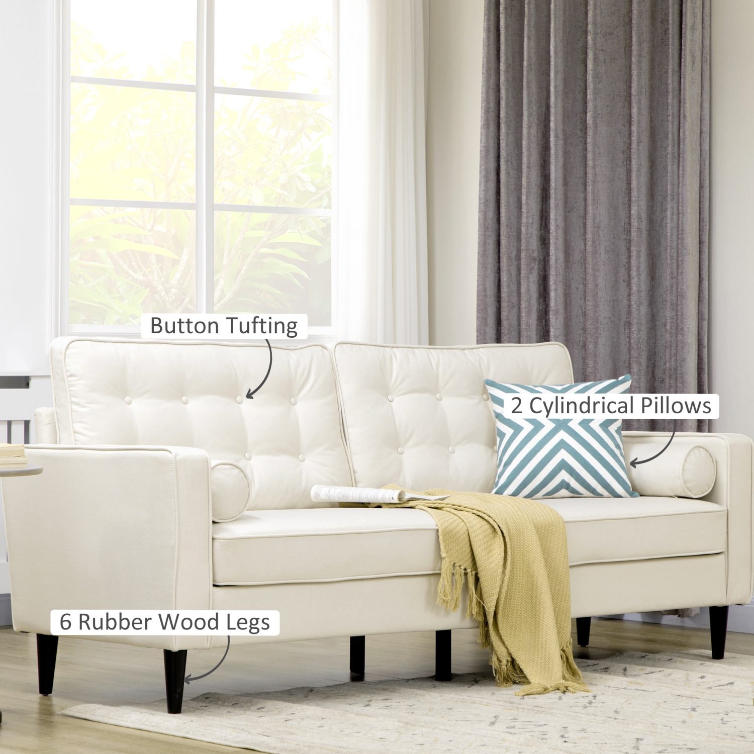 HOMCOM – Canapé mi-siècle, canapé avec coussin de dossier capitonné, revêtement en tissu semblable au velours, 2 coussins cylindriques et pattes en