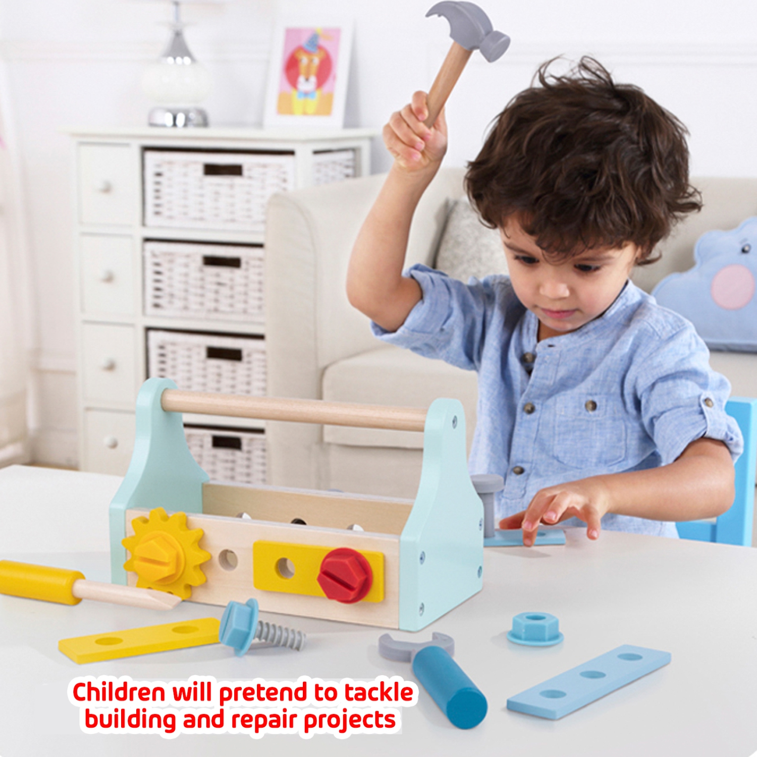 TOOKYLAND Boîte à Outils Jouet en Bois - 18pcs - Ensemble de Jeu Coffre de Construction pour Enfants 3 Ans +