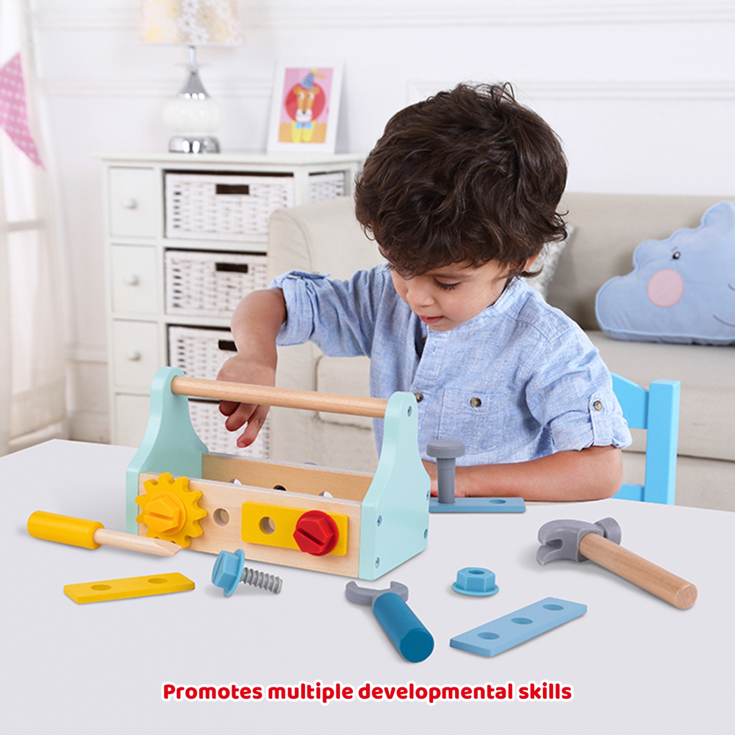 TOOKYLAND Boîte à Outils Jouet en Bois - 18pcs - Ensemble de Jeu Coffre de Construction pour Enfants 3 Ans +