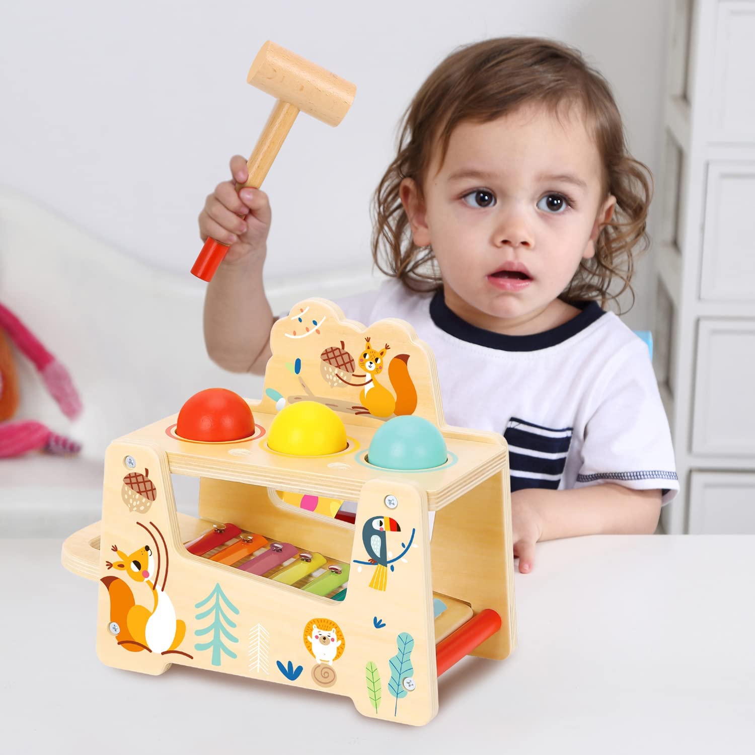 TOOKYLAND Jouet à Marteler en Bois - 7pcs - Jeu de Martelage avec Balles et Xylophone; Jouet à Taper Éducatif pour Enfants de 1 An +