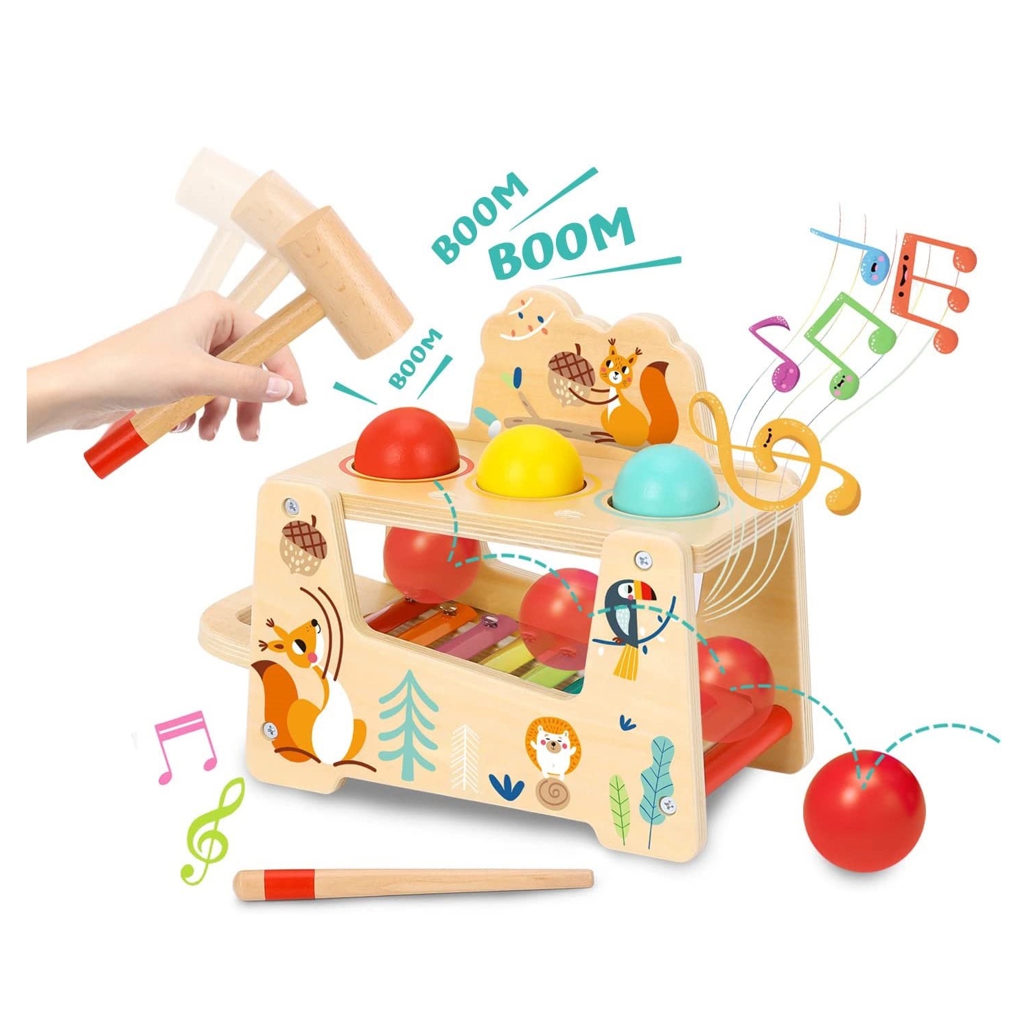 TOOKYLAND Jouet à Marteler en Bois - 7pcs - Jeu de Martelage avec Balles et Xylophone; Jouet à Taper Éducatif pour Enfants de 1 An +