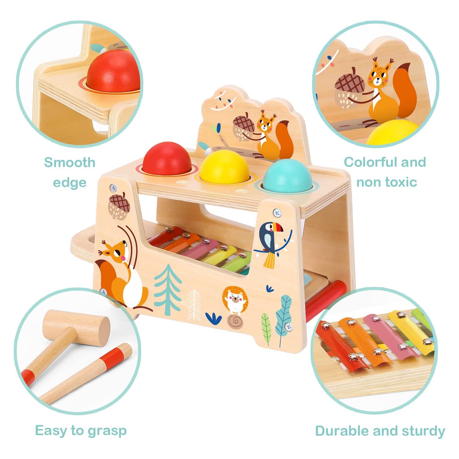TOOKYLAND Jouet à Marteler en Bois - 7pcs - Jeu de Martelage avec Balles et Xylophone; Jouet à Taper Éducatif pour Enfants de 1 An +