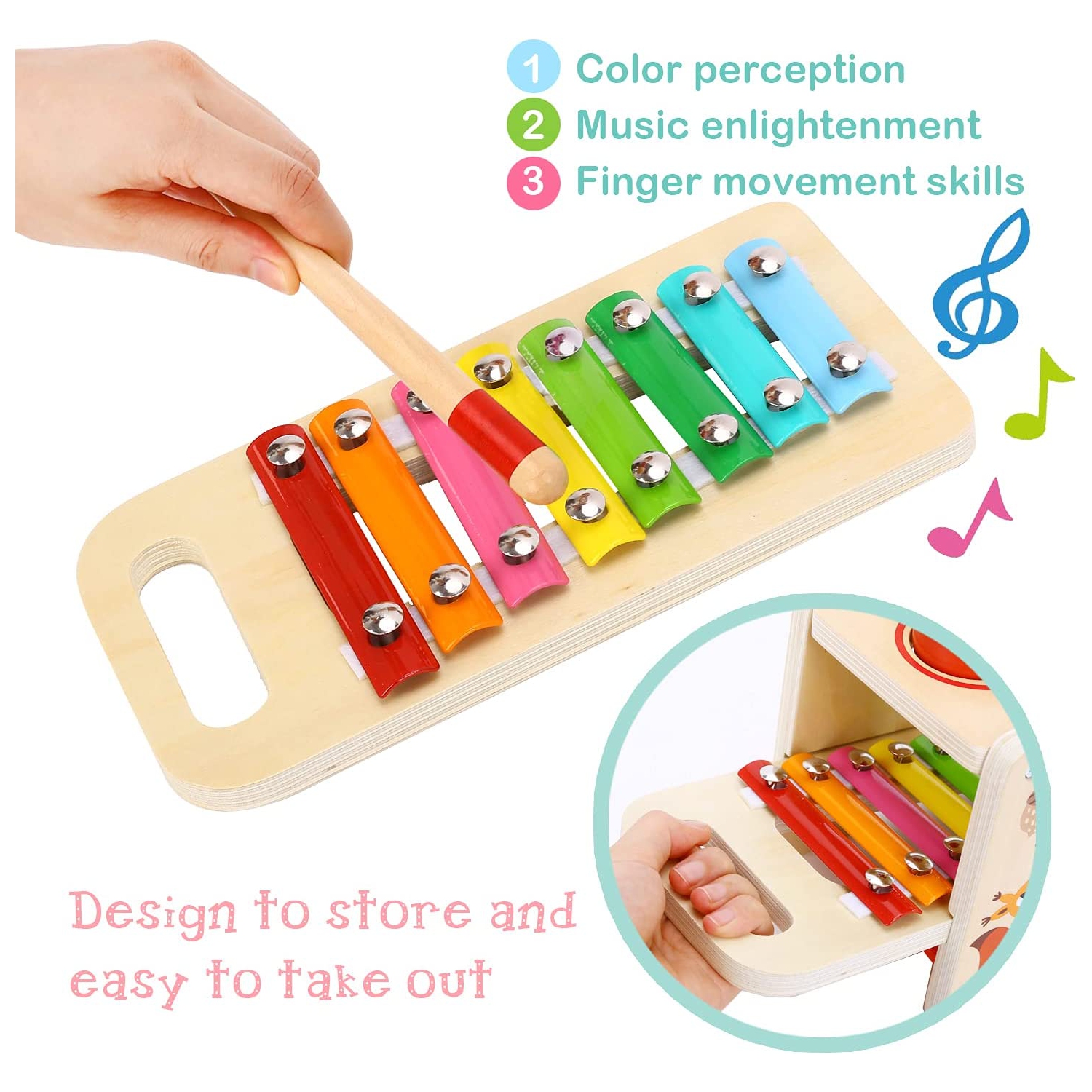 TOOKYLAND Jouet à Marteler en Bois - 7pcs - Jeu de Martelage avec Balles et Xylophone; Jouet à Taper Éducatif pour Enfants de 1 An +