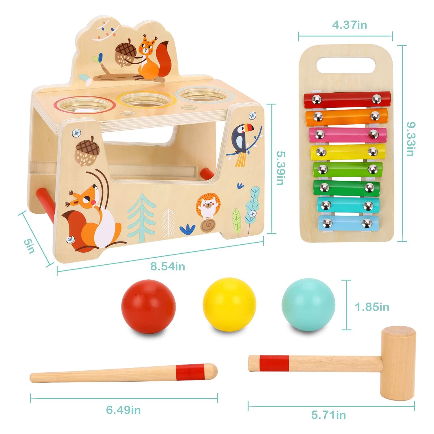 TOOKYLAND Jouet à Marteler en Bois - 7pcs - Jeu de Martelage avec Balles et Xylophone; Jouet à Taper Éducatif pour Enfants de 1 An +