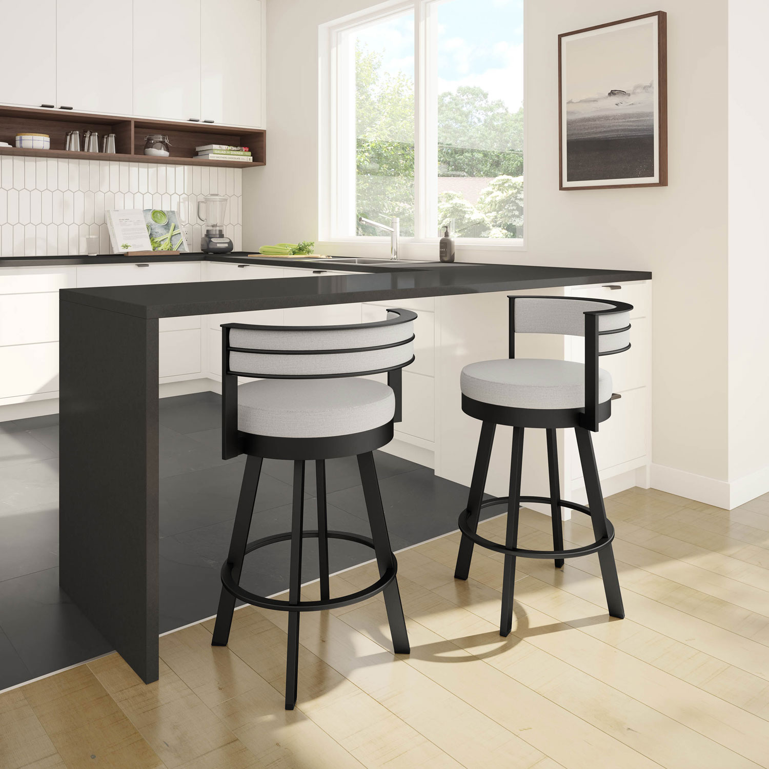 Tabouret de bar contemporain à hauteur de bar Browser - Gris tissé/Noir