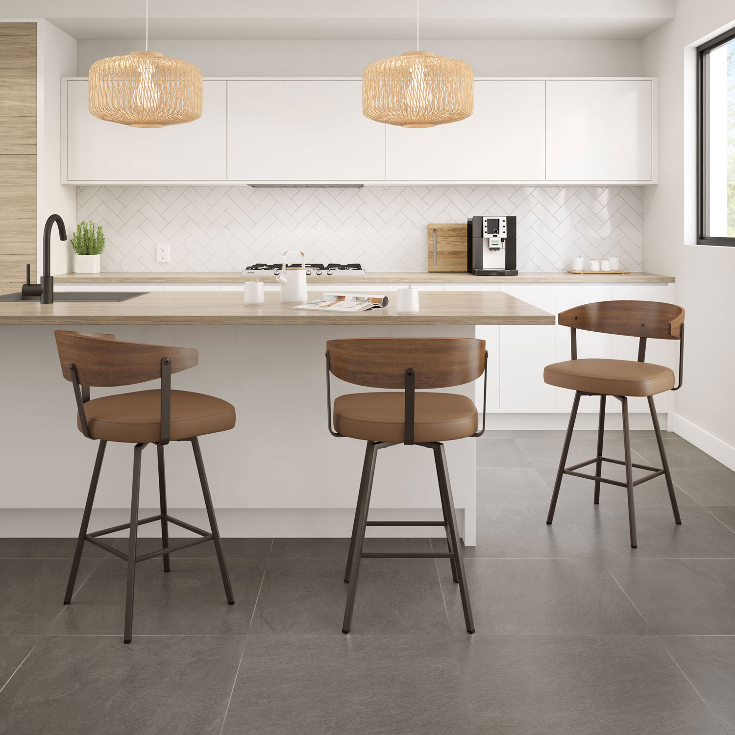 Tabouret de bar contemporain à hauteur de comptoir Quinton - Havane/Brun pâle/Brun foncé