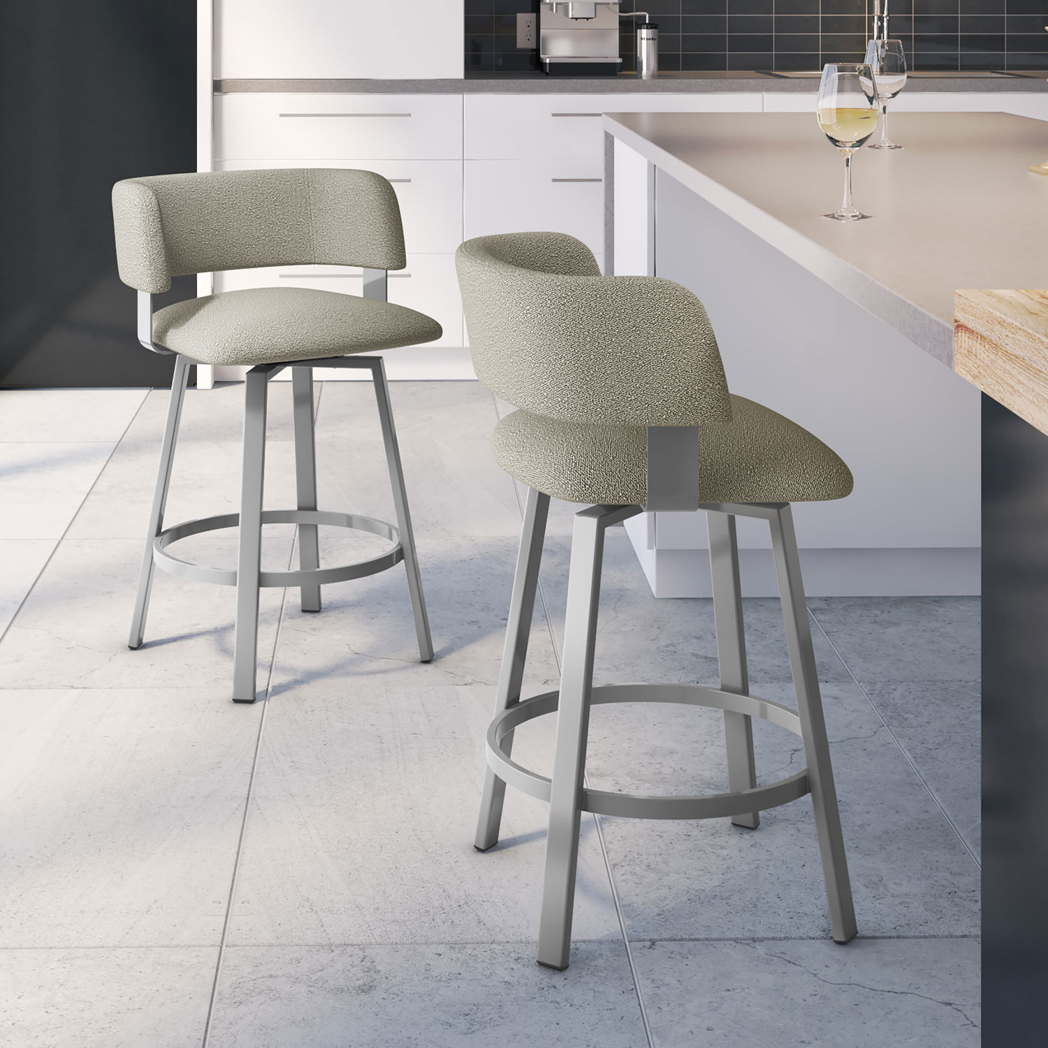 Tabouret de bar contemporain à hauteur de bar Stinson - Tissu bouclé gris beige/Gris métallique