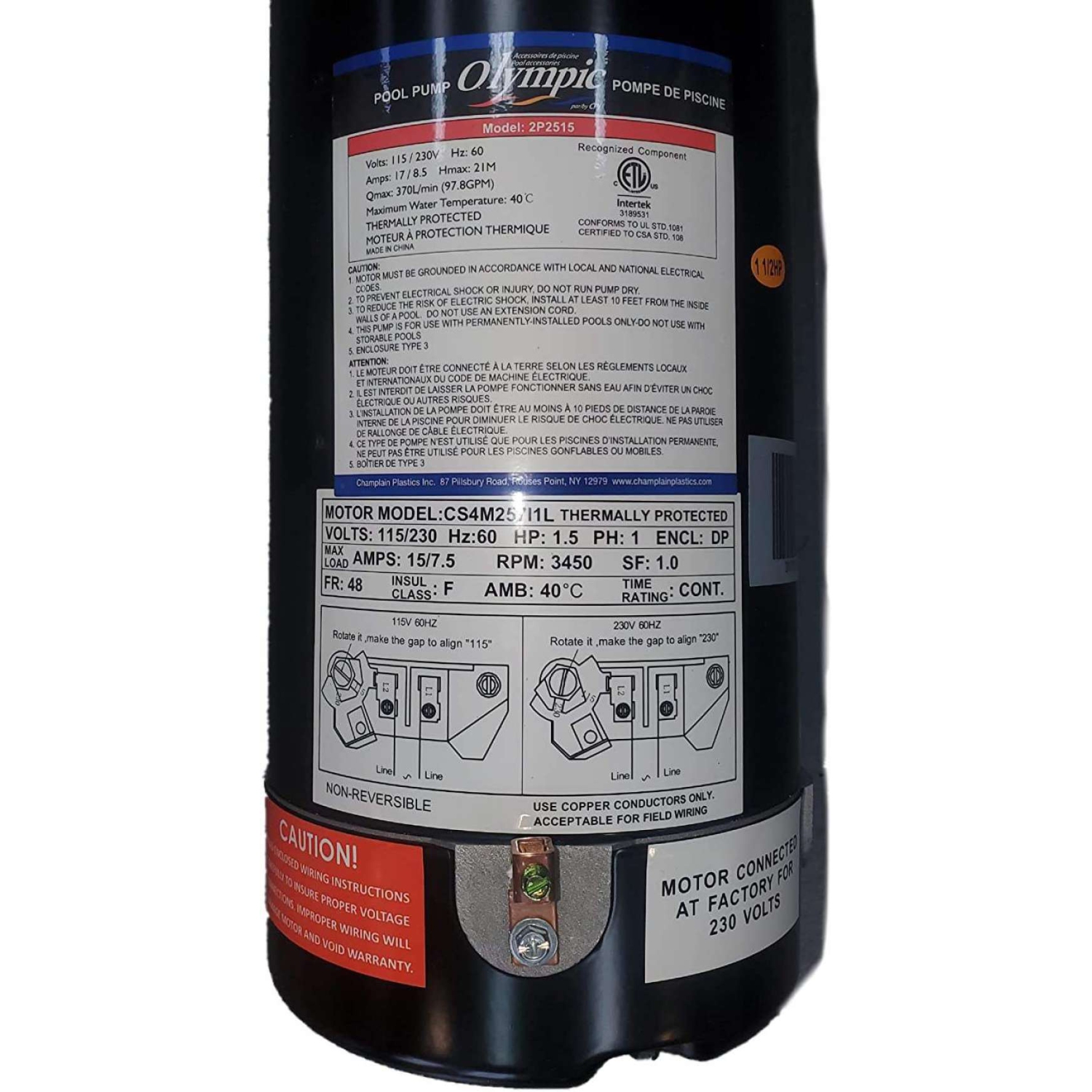 Pompe de piscine creusée de 1.5 HP, 110 V/220 V.