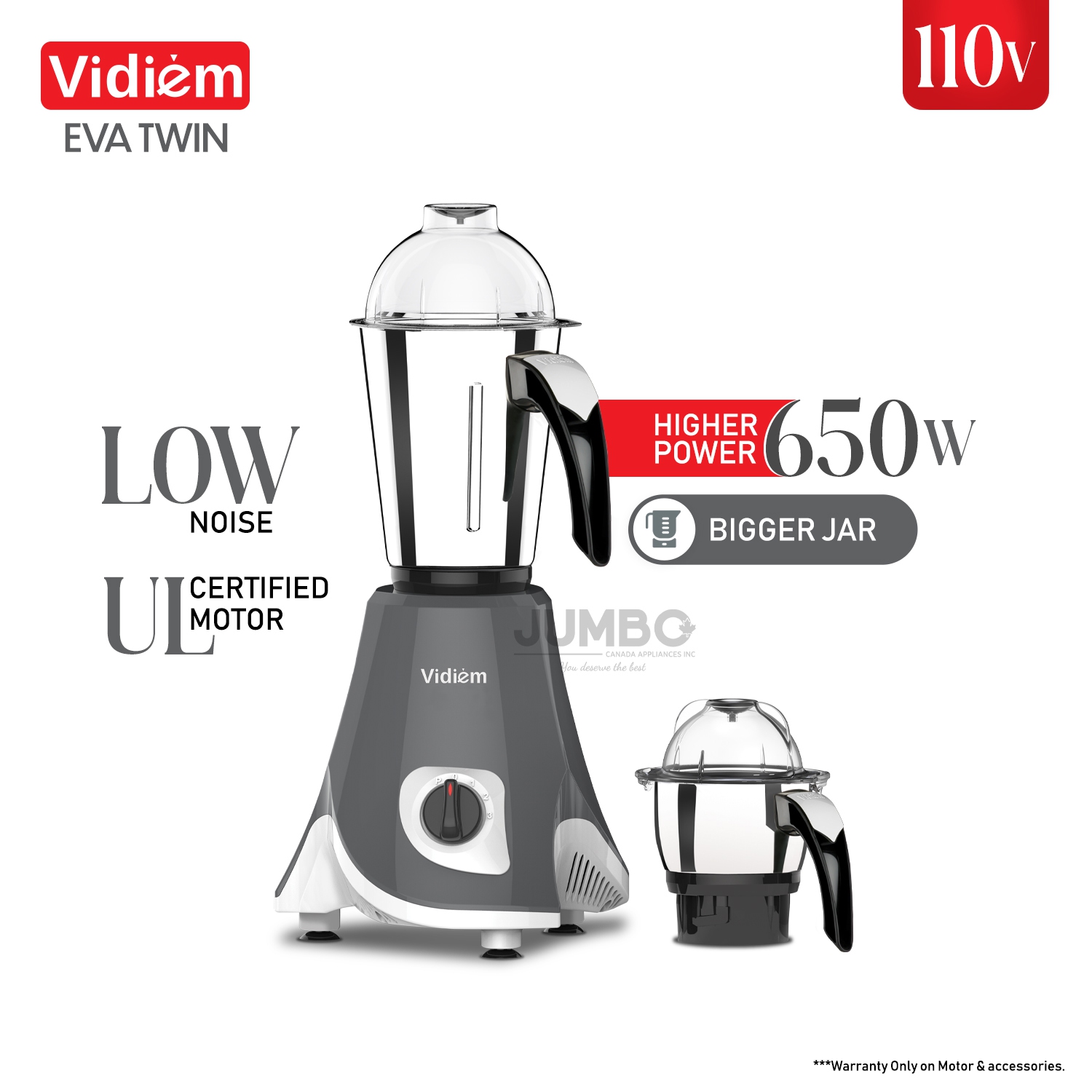 Vidiem Eva Twin 650W / 110V Stainless Steel Jars - Indian Mixer Grinder, Spice & Coffee grinder for use in Canada / USA