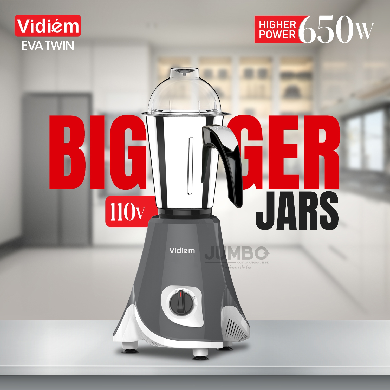 Vidiem Eva Twin 650W / 110V Stainless Steel Jars - Indian Mixer Grinder, Spice & Coffee grinder for use in Canada / USA