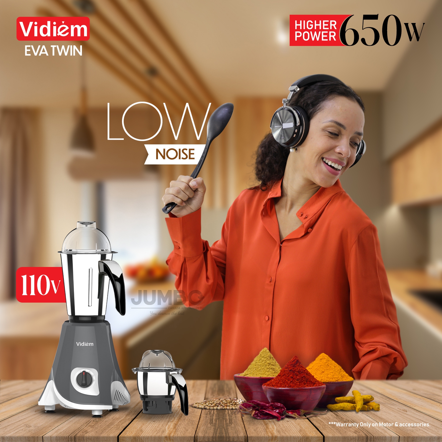 Vidiem Eva Twin 650W / 110V Stainless Steel Jars - Indian Mixer Grinder, Spice & Coffee grinder for use in Canada / USA