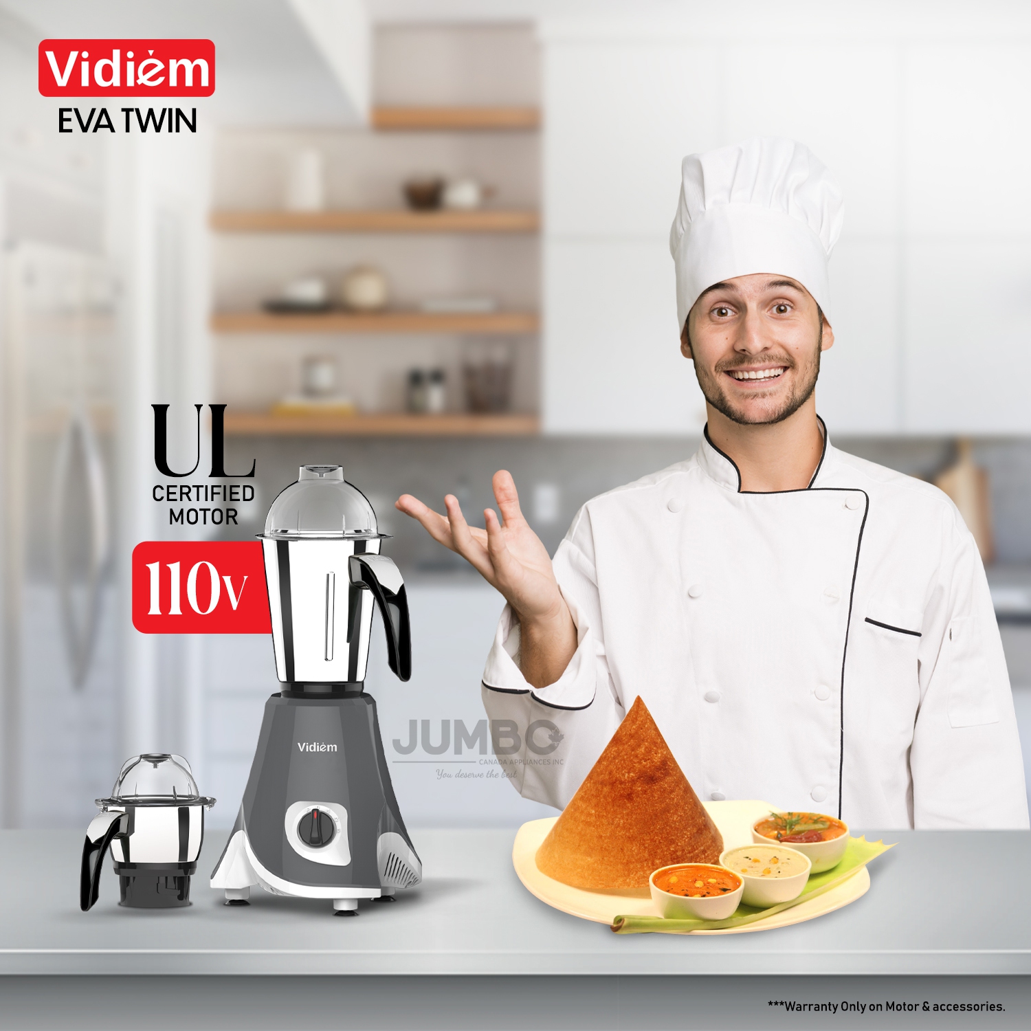 Vidiem Eva Twin 650W / 110V Stainless Steel Jars - Indian Mixer Grinder, Spice & Coffee grinder for use in Canada / USA