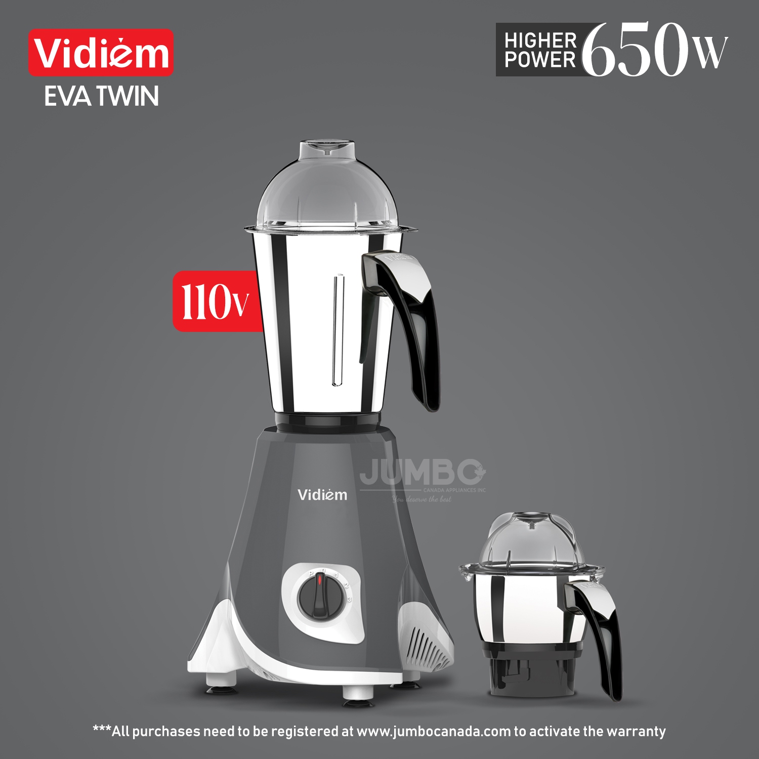 Vidiem Eva Twin 650W / 110V Stainless Steel Jars - Indian Mixer Grinder, Spice & Coffee grinder for use in Canada / USA