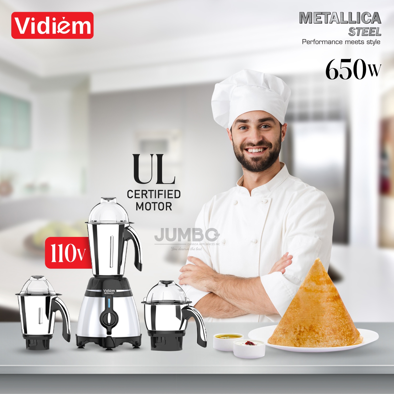 Vidiem Metallica STEELE 650W / 110V Stainless Steel Jars - Indian Mixer Grinder with, Spice & Coffee grinder Jar for use in Canada / USA