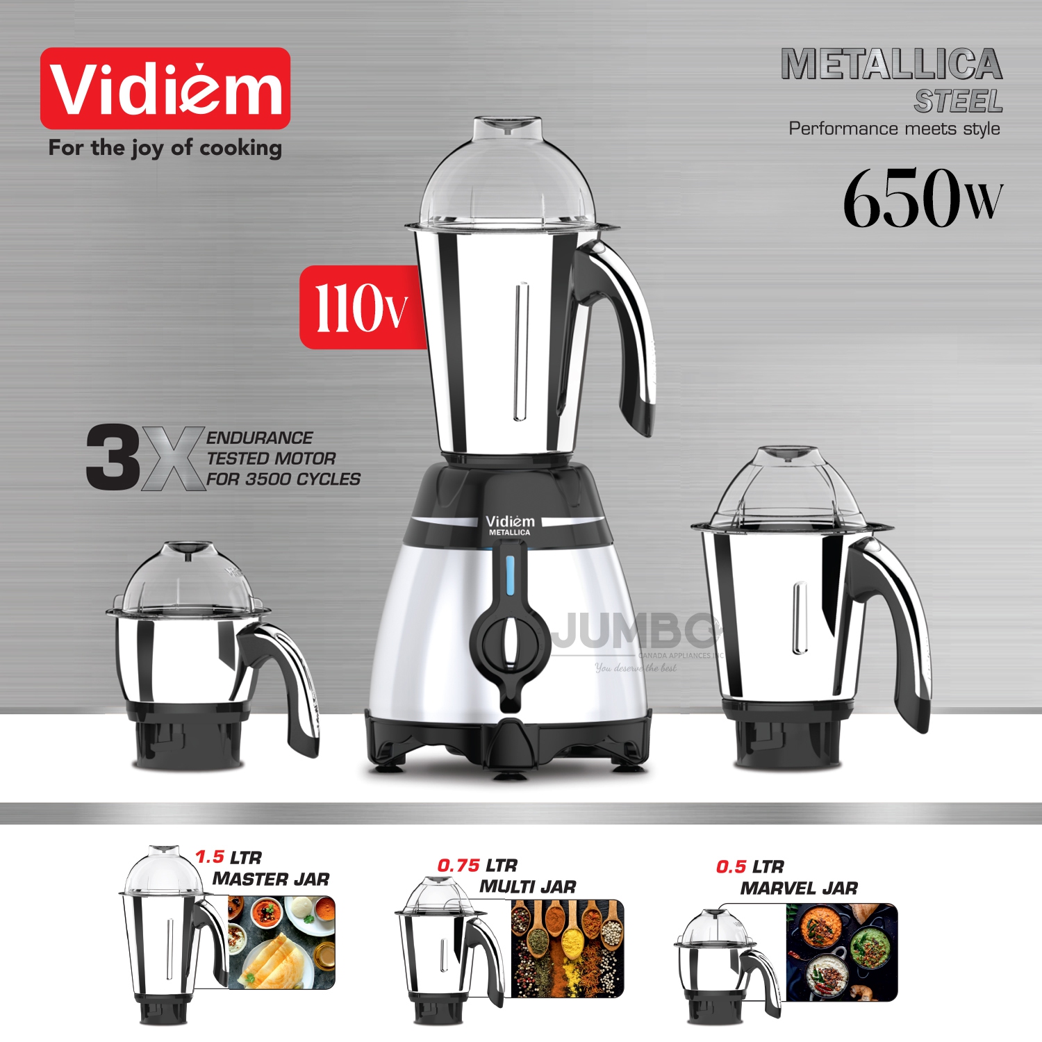 Vidiem Metallica STEELE 650W / 110V Stainless Steel Jars - Indian Mixer Grinder with, Spice & Coffee grinder Jar for use in Canada / USA