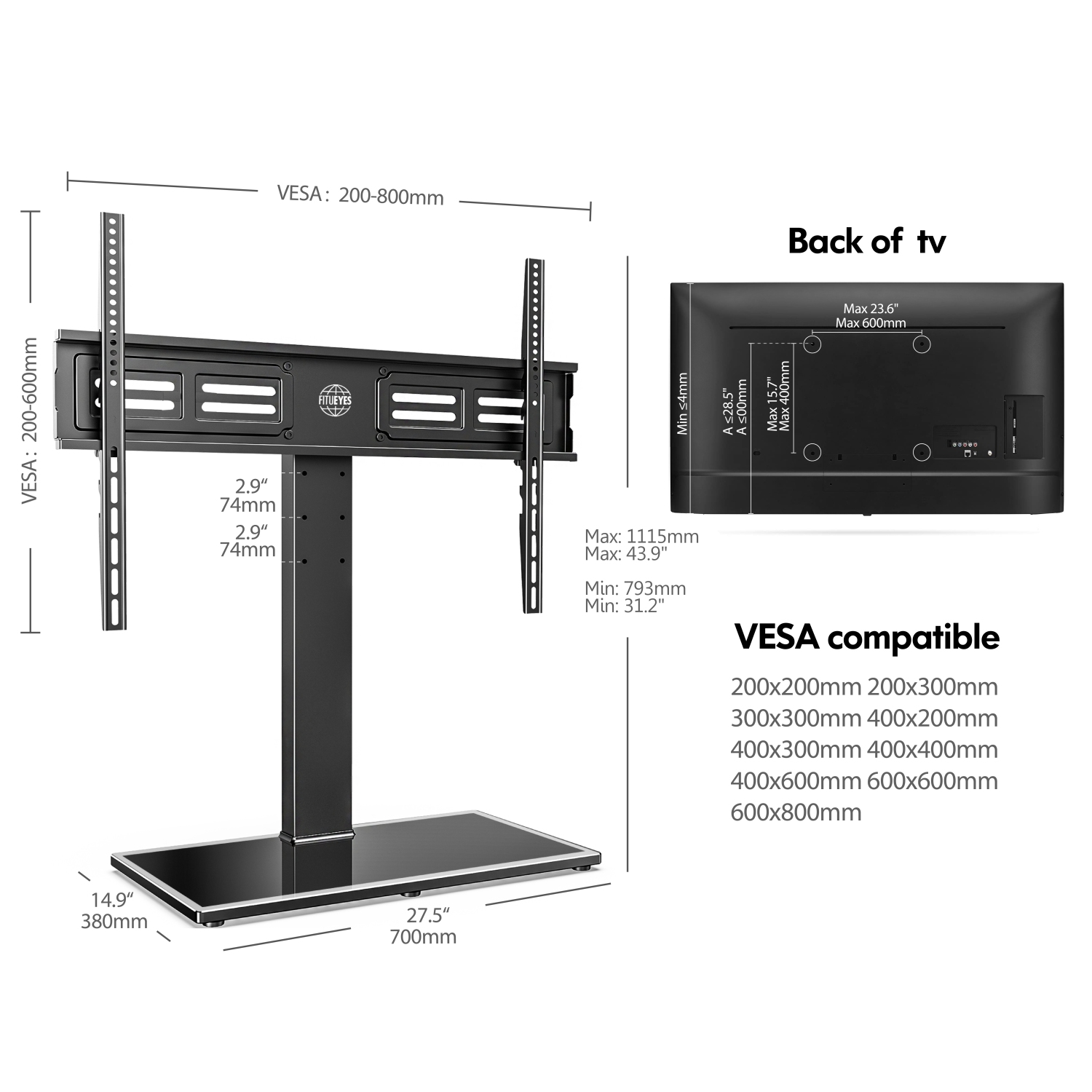 FITUEYES TV Stand on Table with Swivel Mount & Height Adjustable for 50 to 85 inch TV, Big Table Top TV Stand Holds up to 110lbs Screen, VESA Range