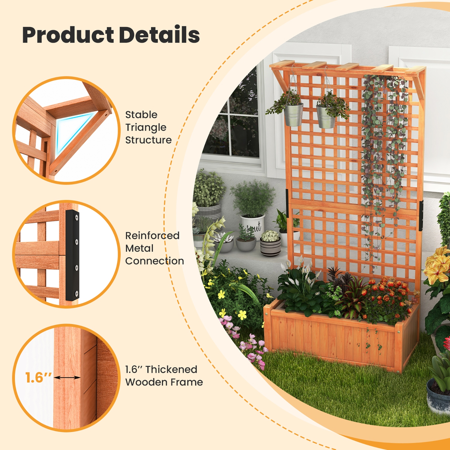 Gymax Wooden Planter Raised Garden Bed w/ Planter Box & Trellis Indoor & Outdoor