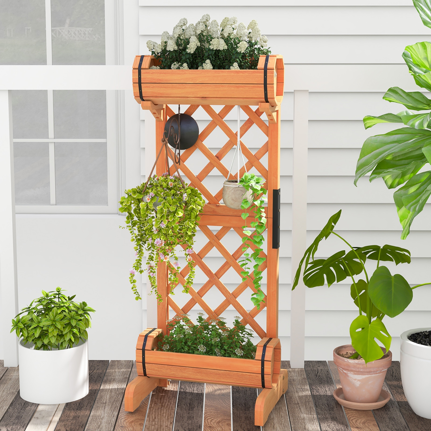 Gymax 2-Tier Raised Planter Garden Wooden Bed w/ 2 Cylindrical Planter Boxes