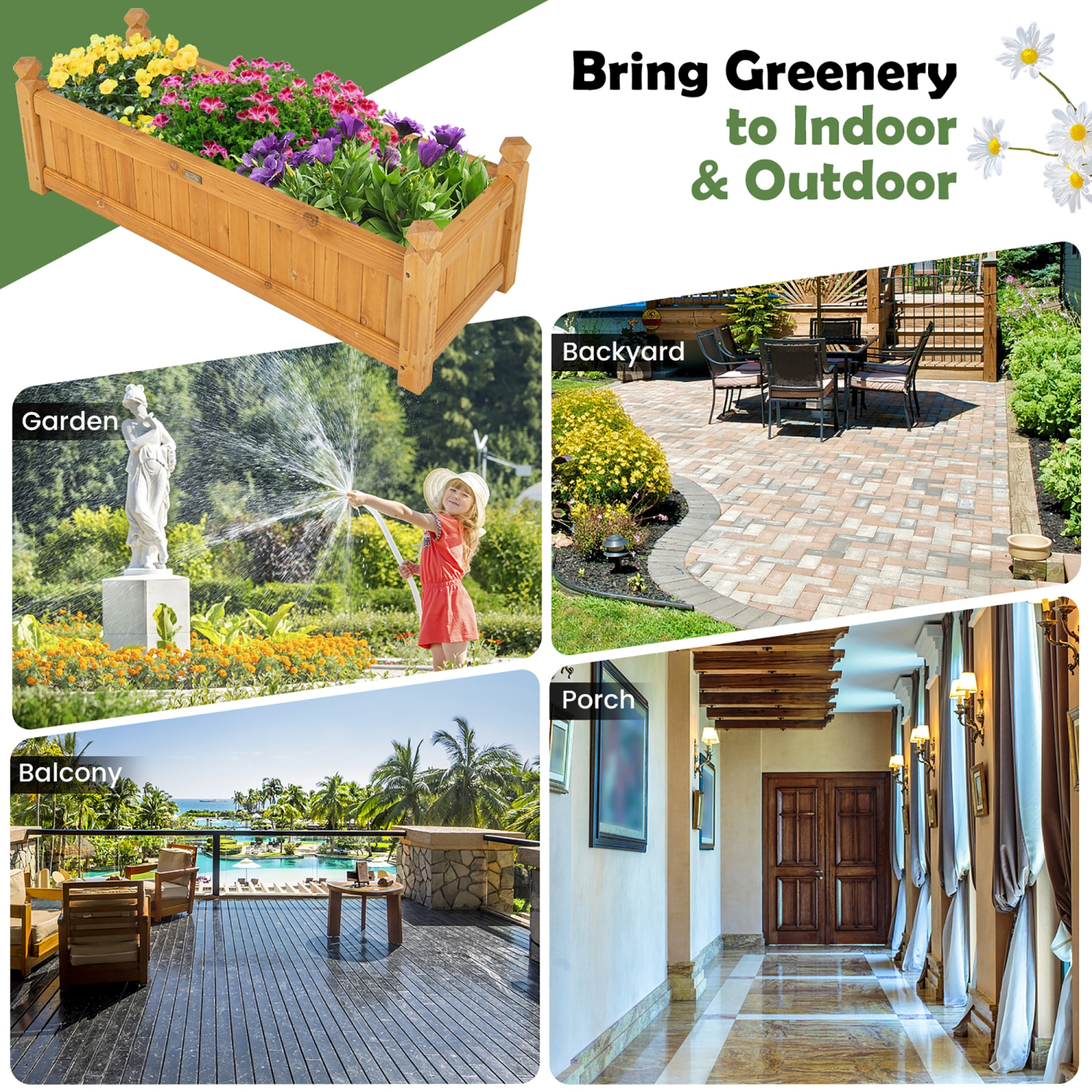 Gymax Patio Wooden Raised Garden Bed Rectangular Garden Planter w/ Drainage System