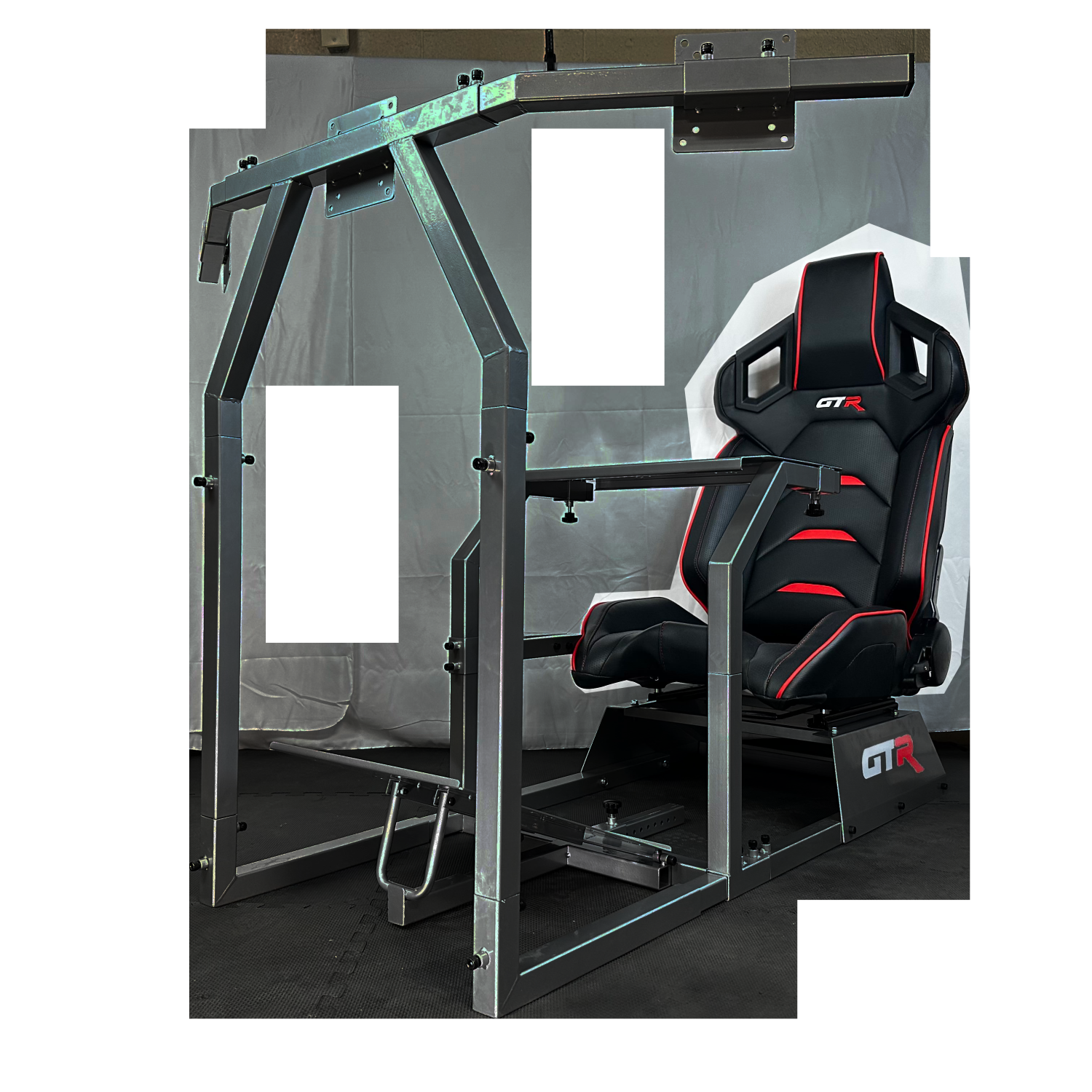 GTR Simulator GTA-F Model (Black) Triple or Single Monitor Stand with Black/Red Adjustable Leatherette Pista Seat
