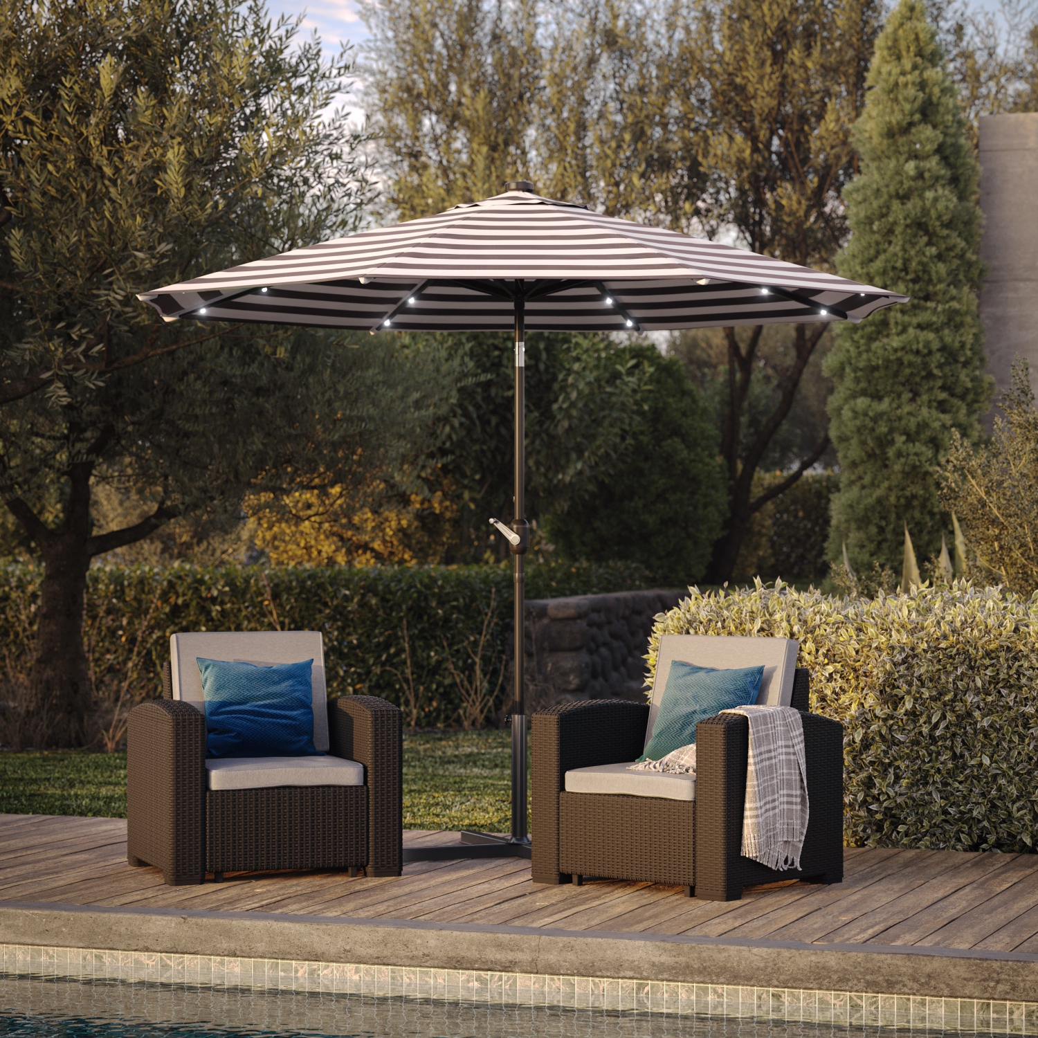 Corliving Pegasus 9ft Outdoor Tilting Patio Umbrella, Lighted Outdoor Umbrella with Solar Lights, for Patio, Backyard, Balcony