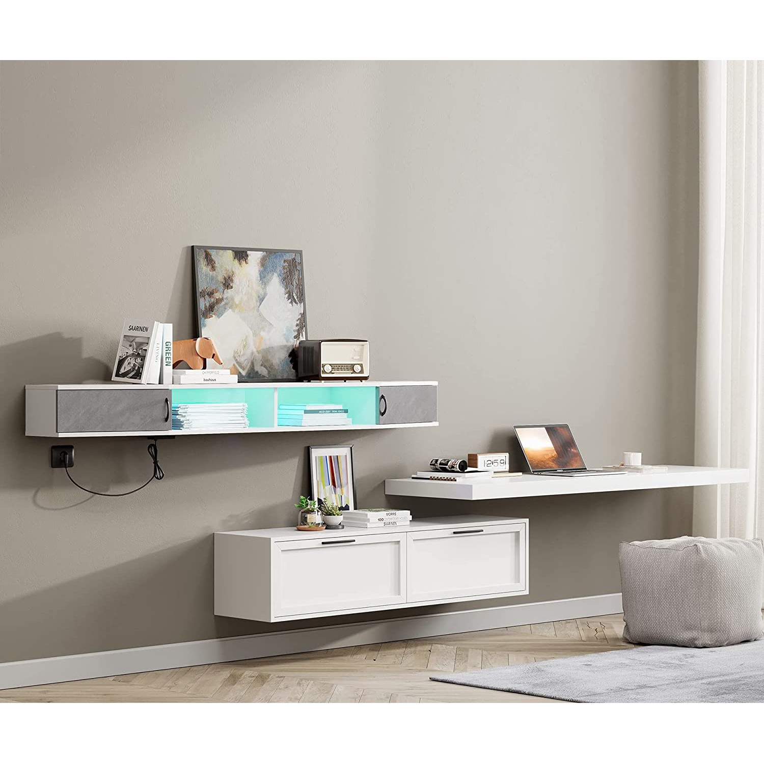 WAMPAT 70 Inch Floating TV Stand with Charging Station, White Entertainment Center Wall Mounted with Door Cabinet, LED Floating Media Console for