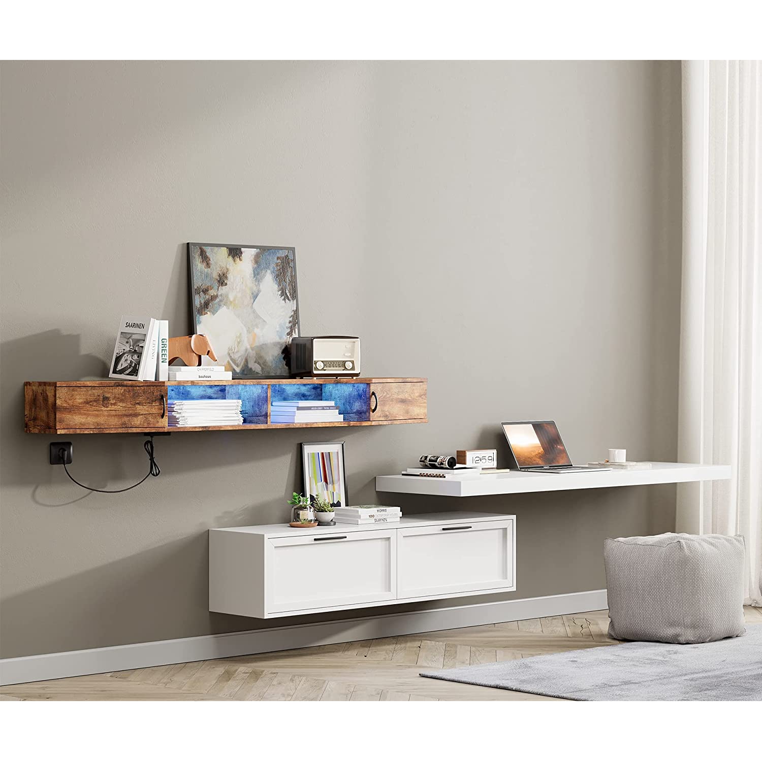 WAMPAT TV Shelf with Power Outlet 70", Wall Mounted TV Stand with Blue Light, Media Console Stand with Doors, Entertainment Shelf for Living Room,