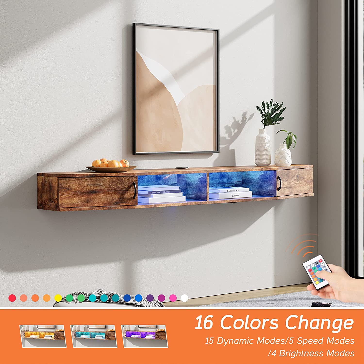 WAMPAT TV Shelf with Power Outlet 70", Wall Mounted TV Stand with 16 Lights, Media Console Stand with Doors, Entertainment Shelf for Living Room,