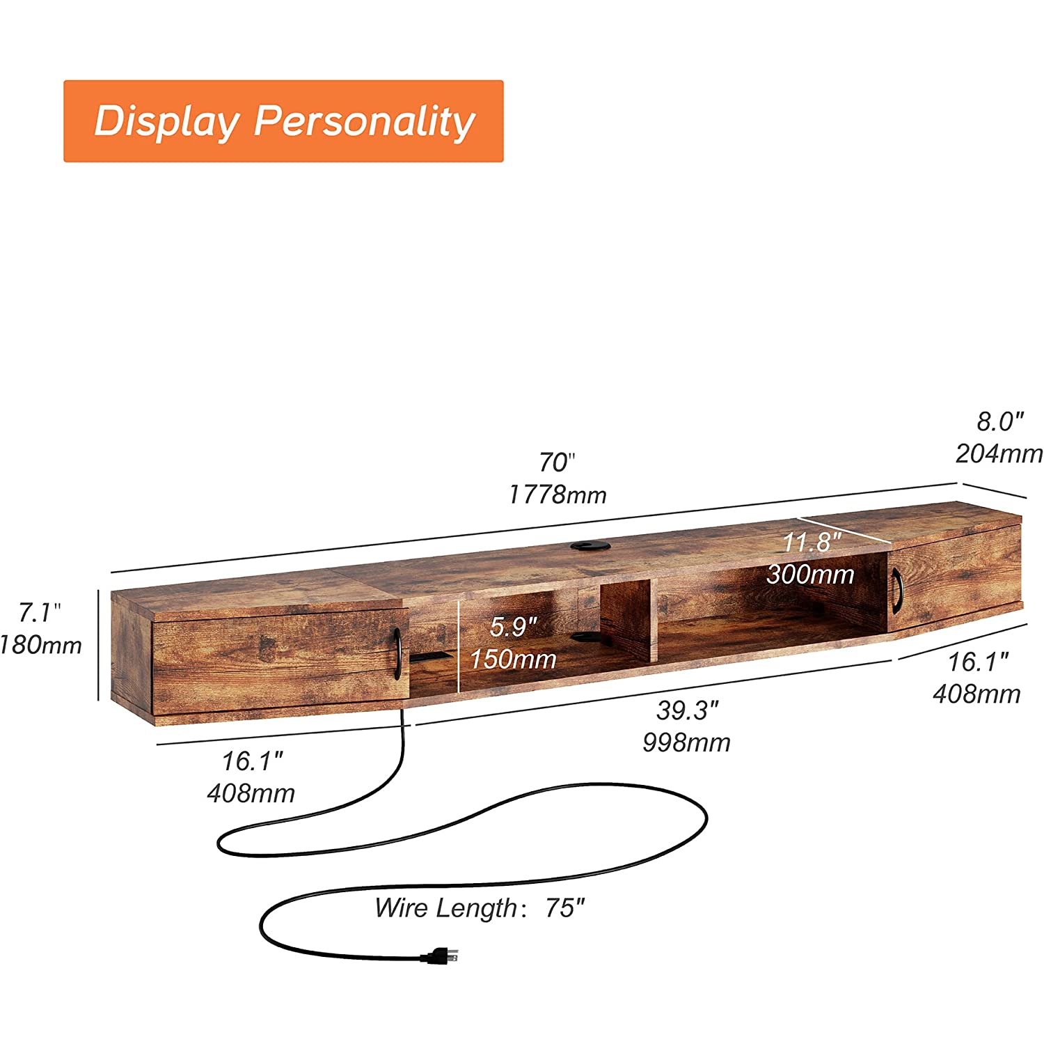 WAMPAT TV Shelf with Power Outlet 70", Wall Mounted TV Stand with 16 Lights, Media Console Stand with Doors, Entertainment Shelf for Living Room,