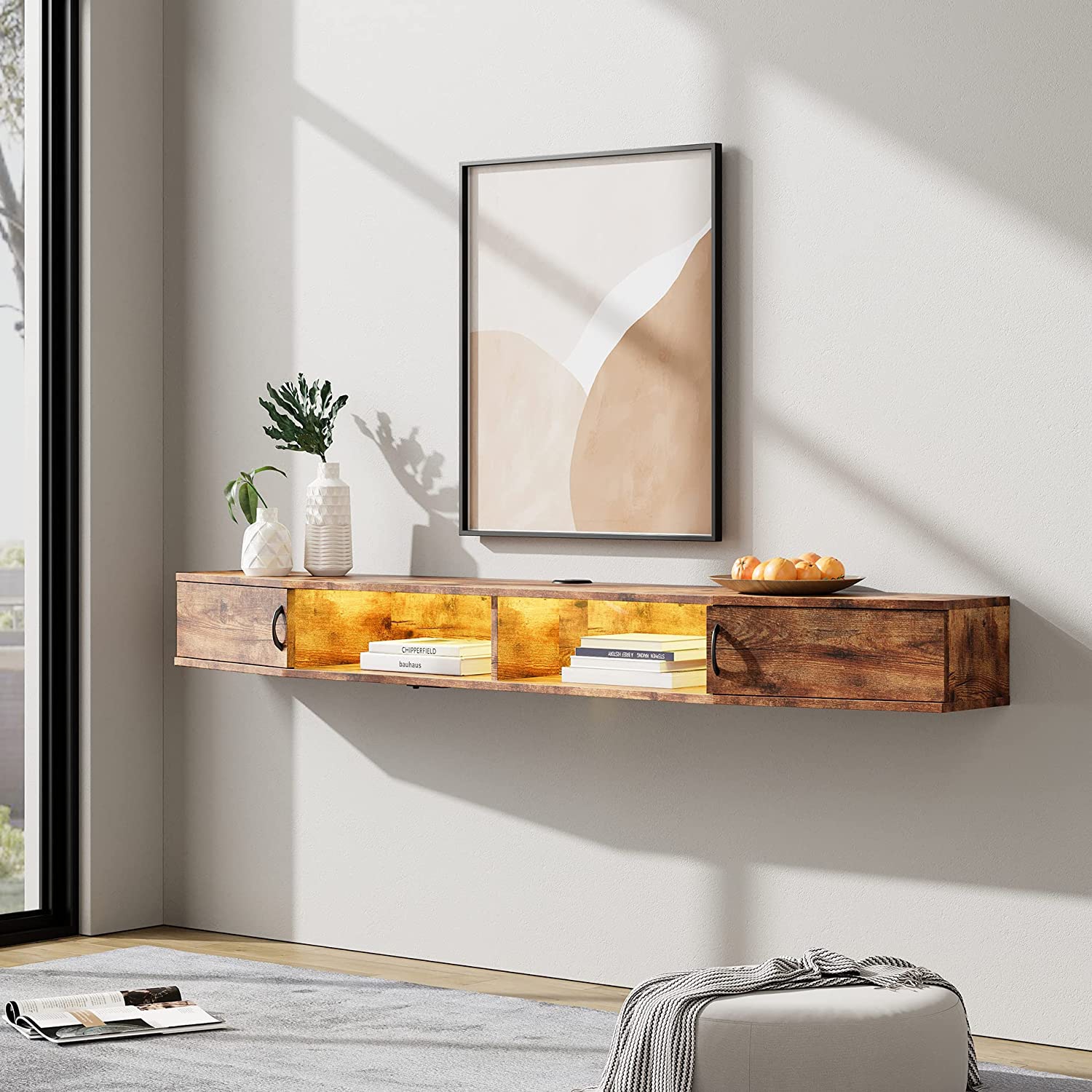 WAMPAT TV Shelf with Power Outlet 70", Wall Mounted TV Stand with Yellow Light, Media Console Stand with Doors, Entertainment Shelf for Living Room,