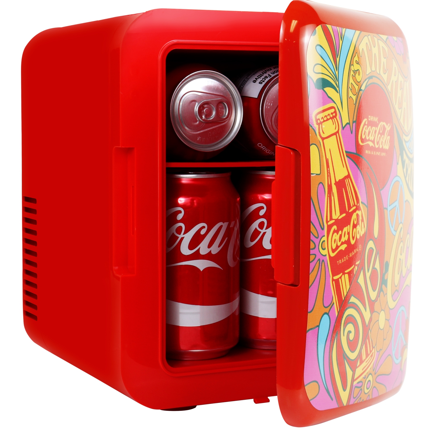 Coca-Cola Peace 1971 Series 4L Cooler/Warmer w/ 12V DC and 110V AC Cords, 6 Can Portable Mini Fridge