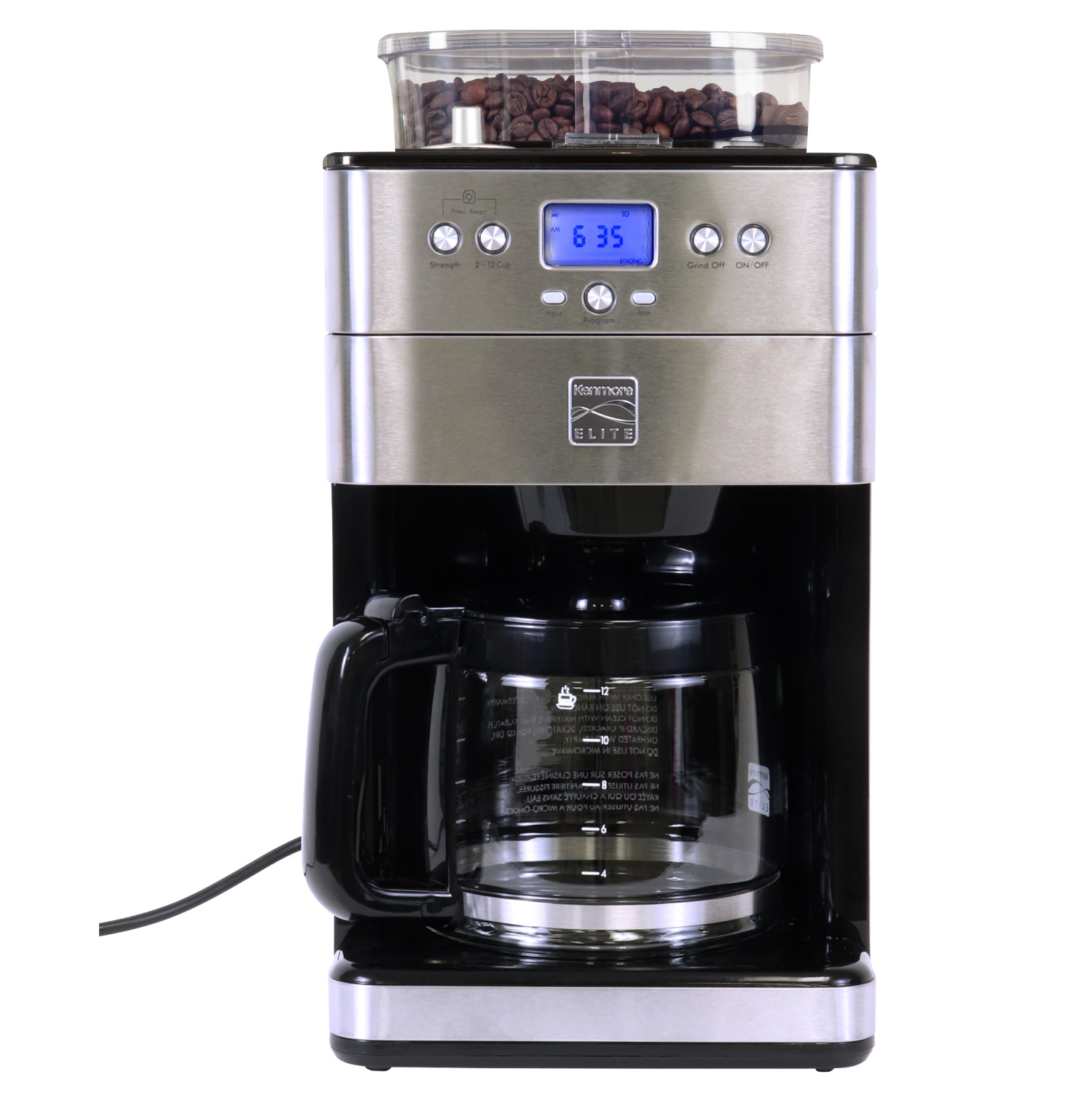 Kenmore Elite Grind and Brew Coffee Maker w/ Burr Grinder, 12 Cup Programmable Automatic Timer Brew Coffee Machine, Air-Tight Bean Hopper, Grind Size