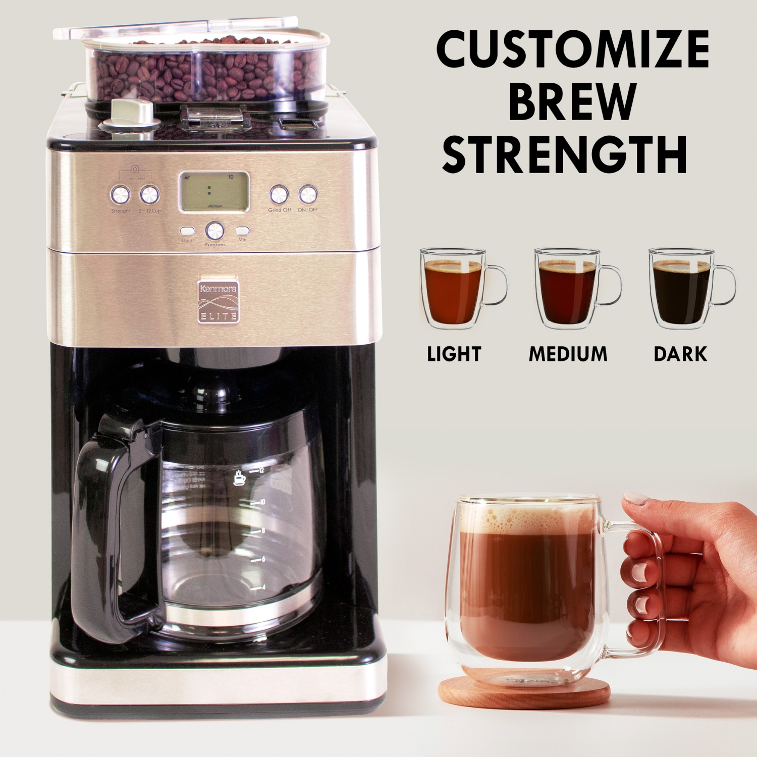 Kenmore Elite Grind and Brew Coffee Maker w/ Burr Grinder, 12 Cup Programmable Automatic Timer Brew Coffee Machine, Air-Tight Bean Hopper, Grind Size