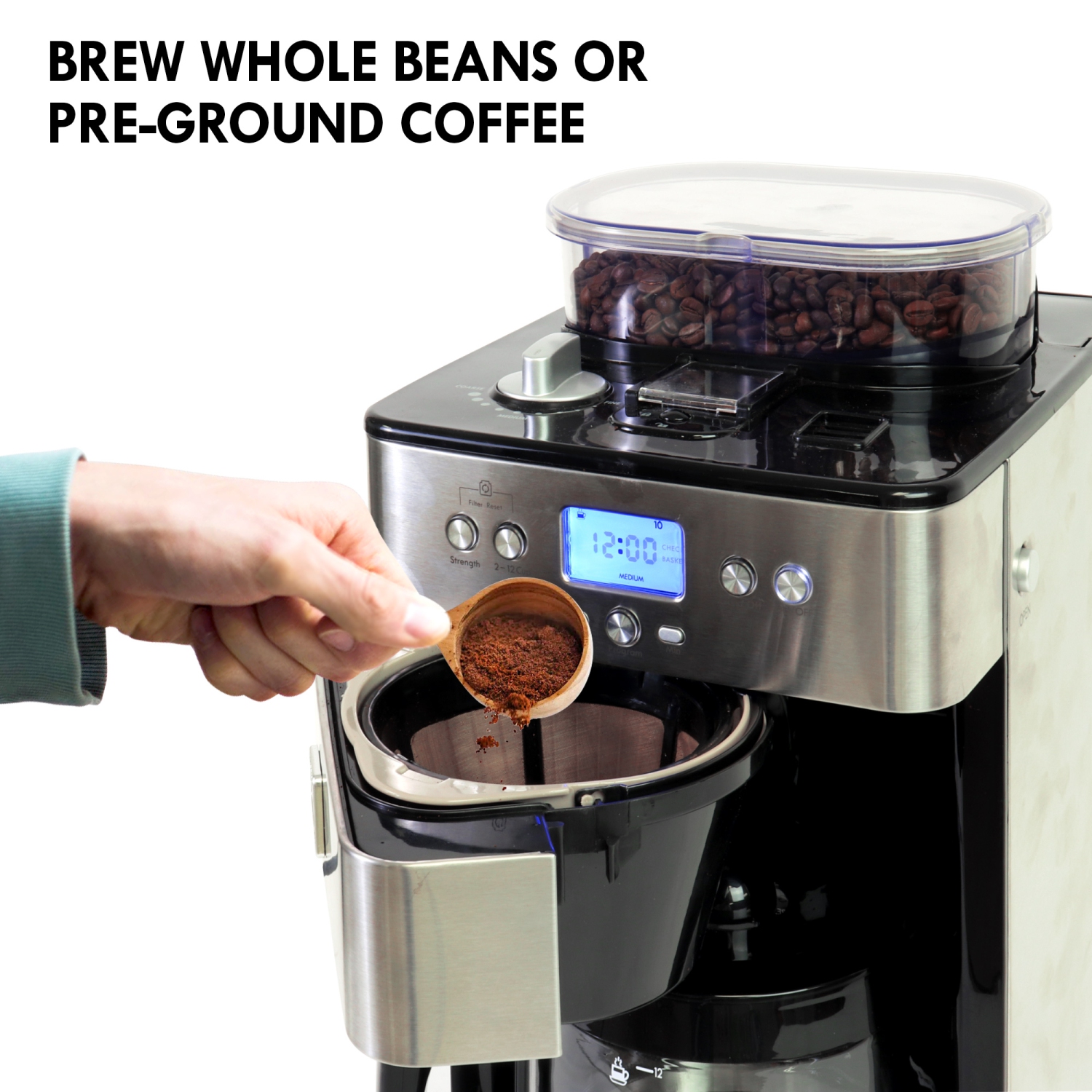 Kenmore Elite Grind and Brew Coffee Maker w/ Burr Grinder, 12 Cup Programmable Automatic Timer Brew Coffee Machine, Air-Tight Bean Hopper, Grind Size