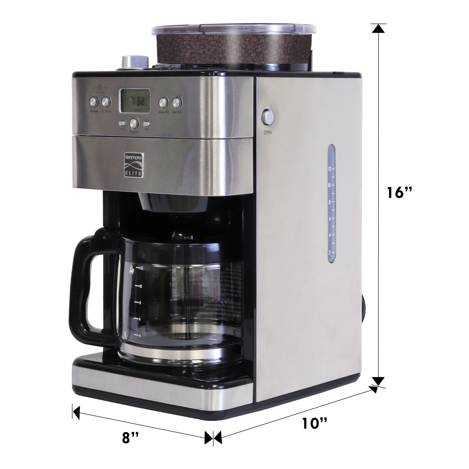 Kenmore Elite Grind and Brew Coffee Maker w/ Burr Grinder, 12 Cup Programmable Automatic Timer Brew Coffee Machine, Air-Tight Bean Hopper, Grind Size