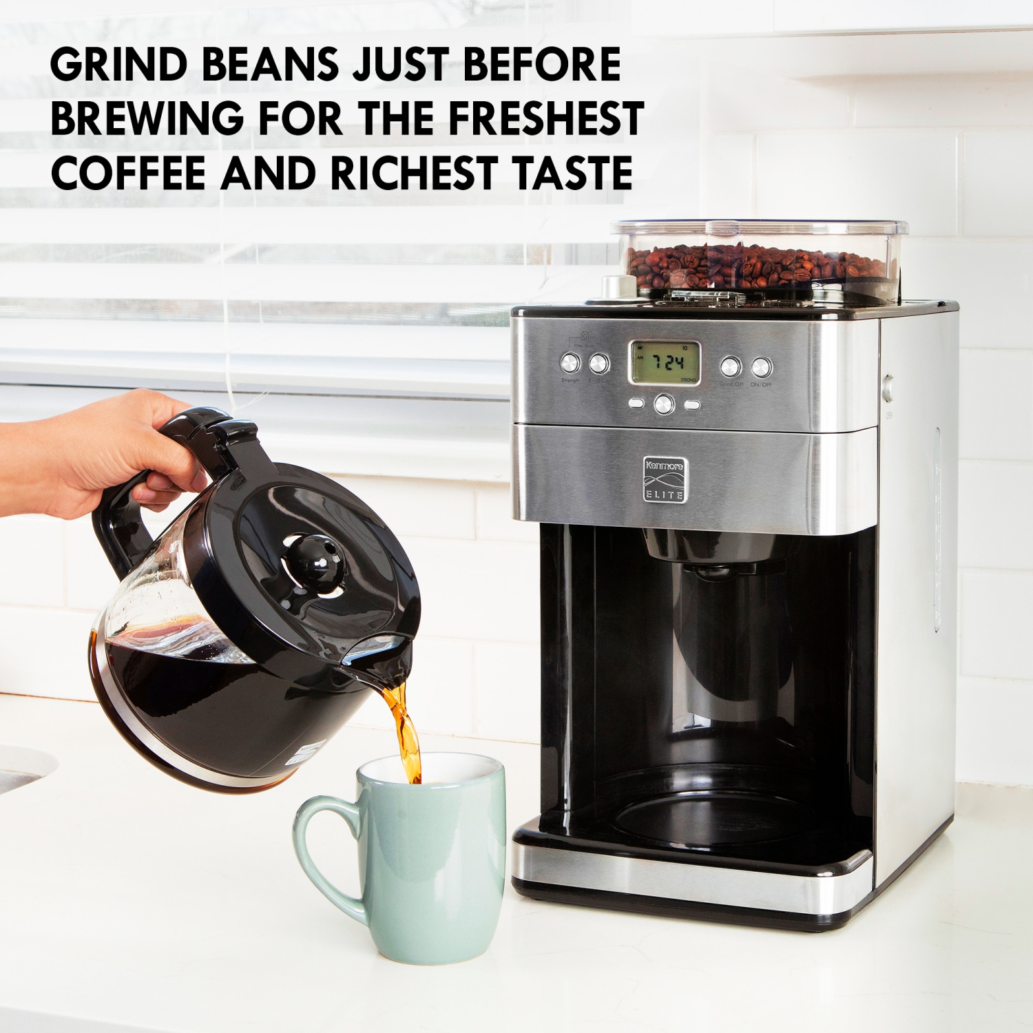 Kenmore Elite Grind and Brew Coffee Maker w/ Burr Grinder, 12 Cup Programmable Automatic Timer Brew Coffee Machine, Air-Tight Bean Hopper, Grind Size