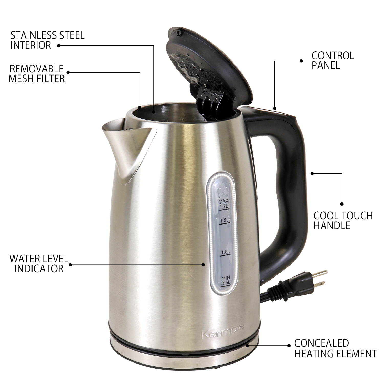 Kenmore 1.7 L Cordless Electric Kettle, 6 Temperature Pre-Sets, Stainless Steel Teakettle, Auto Shut-off, Keep Warm, and Boil-Dry Protection