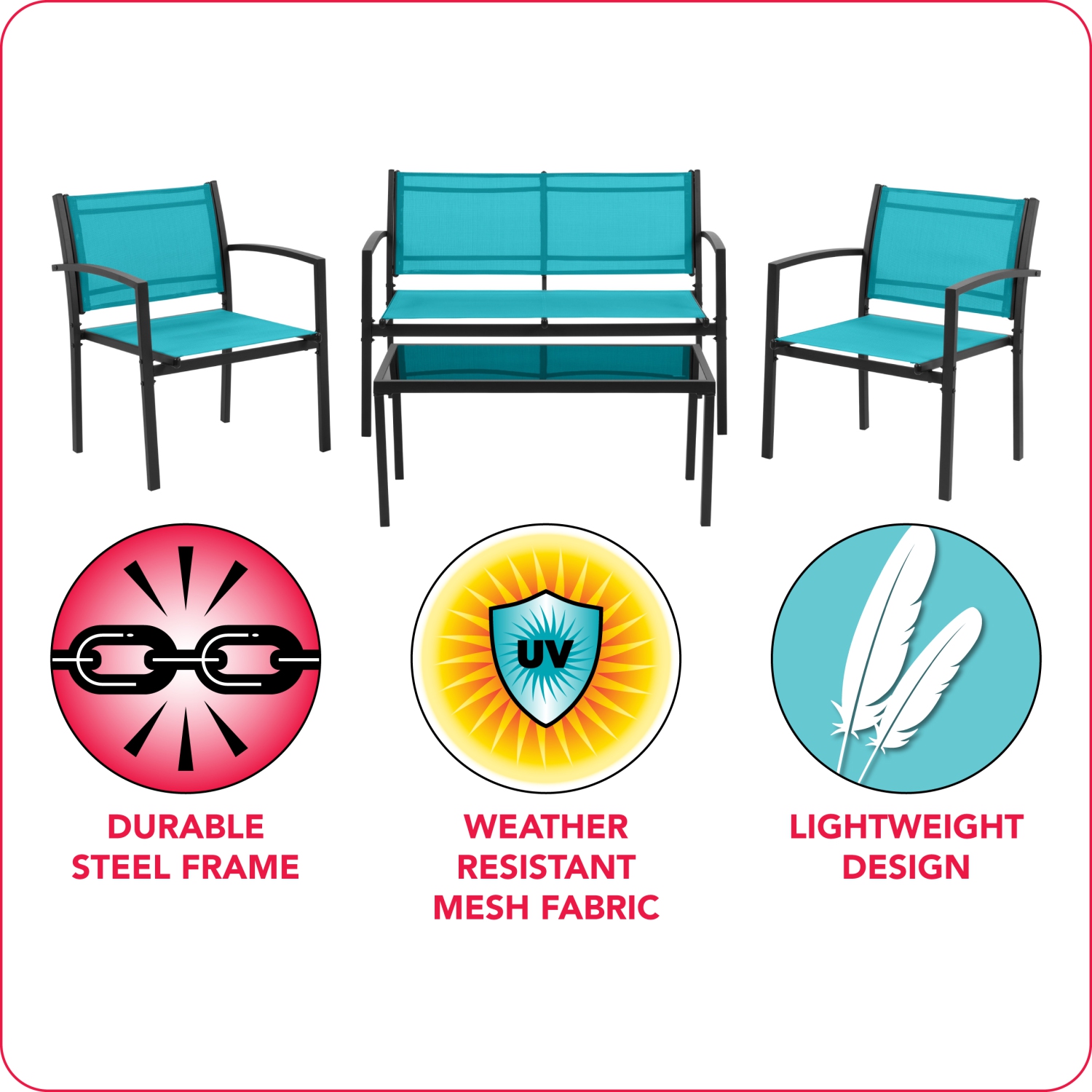 CorLiving Everett 4 Piece Patio Metal Outdoor Conversation Set with Loveseat, 2 Single Chairs and Glass Tabletop, Weather Resistant, for Small