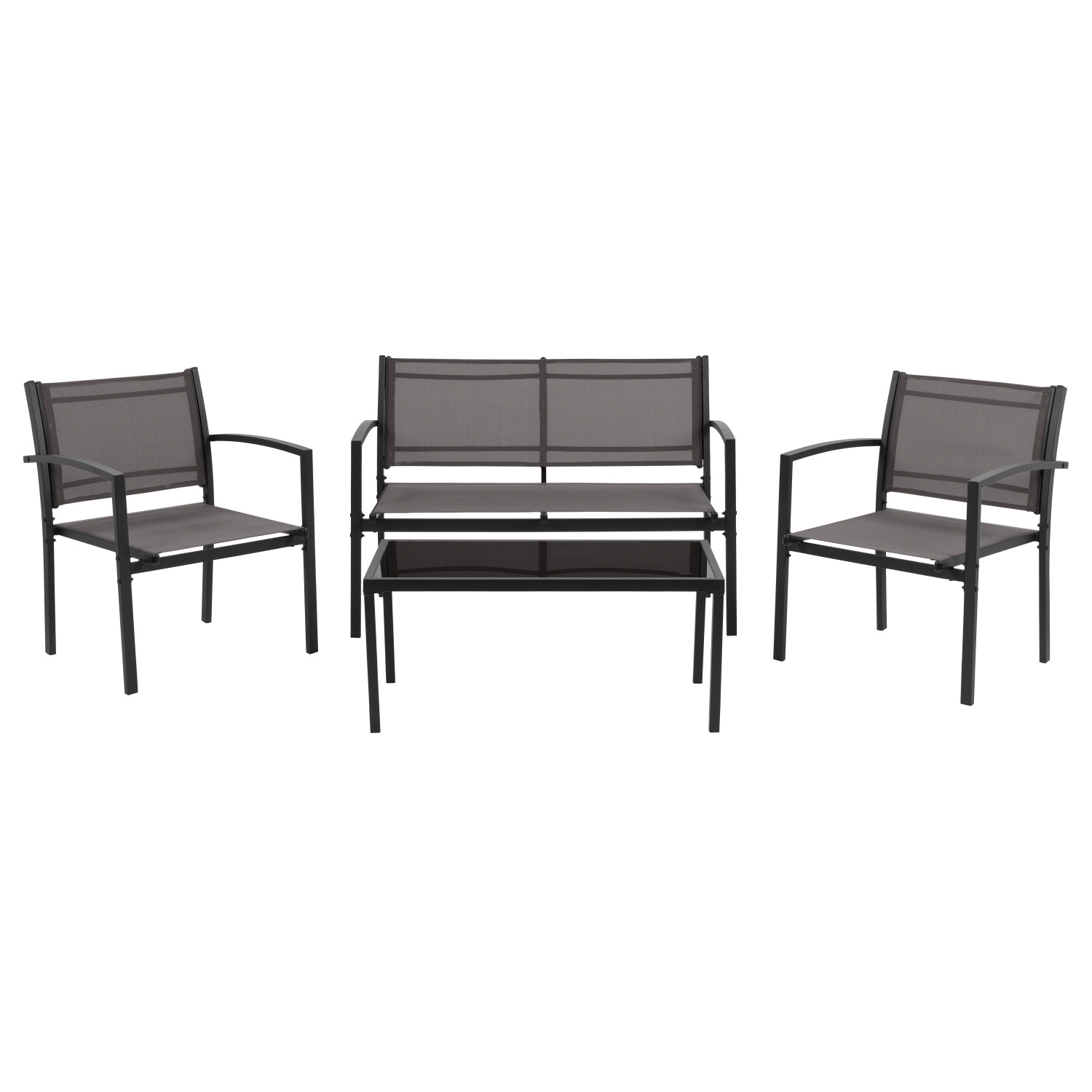 CorLiving Everett 4 Piece Patio Metal Outdoor Conversation Set with Loveseat, 2 Single Chairs and Glass Tabletop, Weather Resistant, for Small