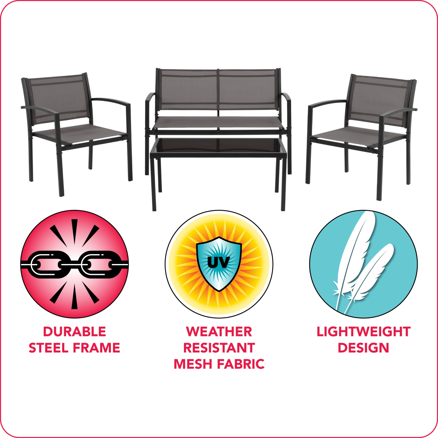 CorLiving Everett 4 Piece Patio Metal Outdoor Conversation Set with Loveseat, 2 Single Chairs and Glass Tabletop, Weather Resistant, for Small