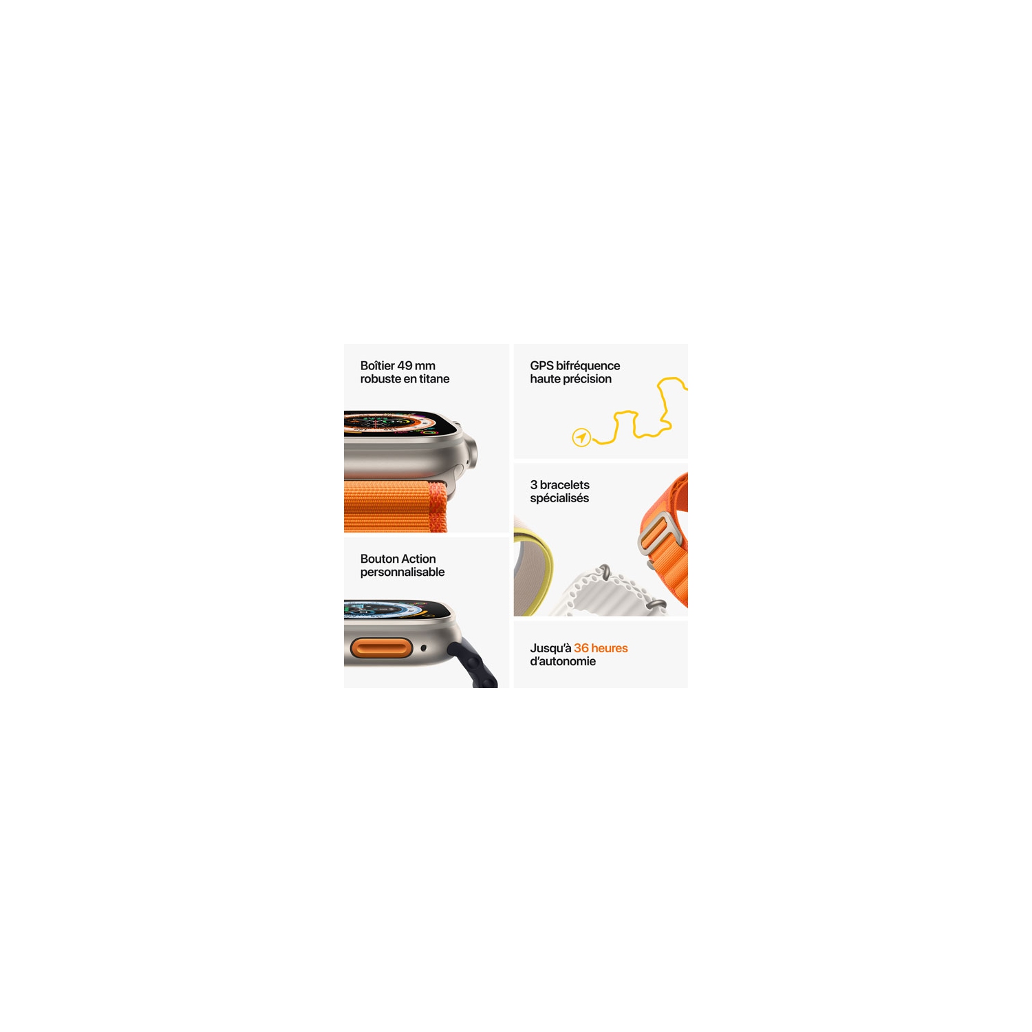 Boîte ouverte – Apple Watch Ultra de 49 mm en titane avec boucle Alpine orange – Grand