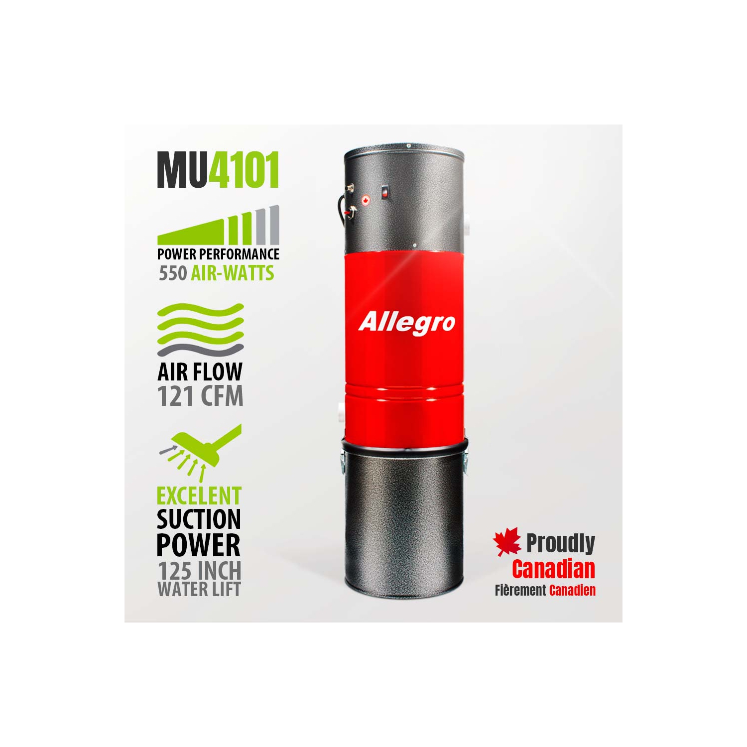 Allegro MU4101 Heavy Duty Powerful Central Vacuum System Tangential Discharge Bypass Ametek Lamb Motor Hybrid Filtration with Premium Deluxe Electric