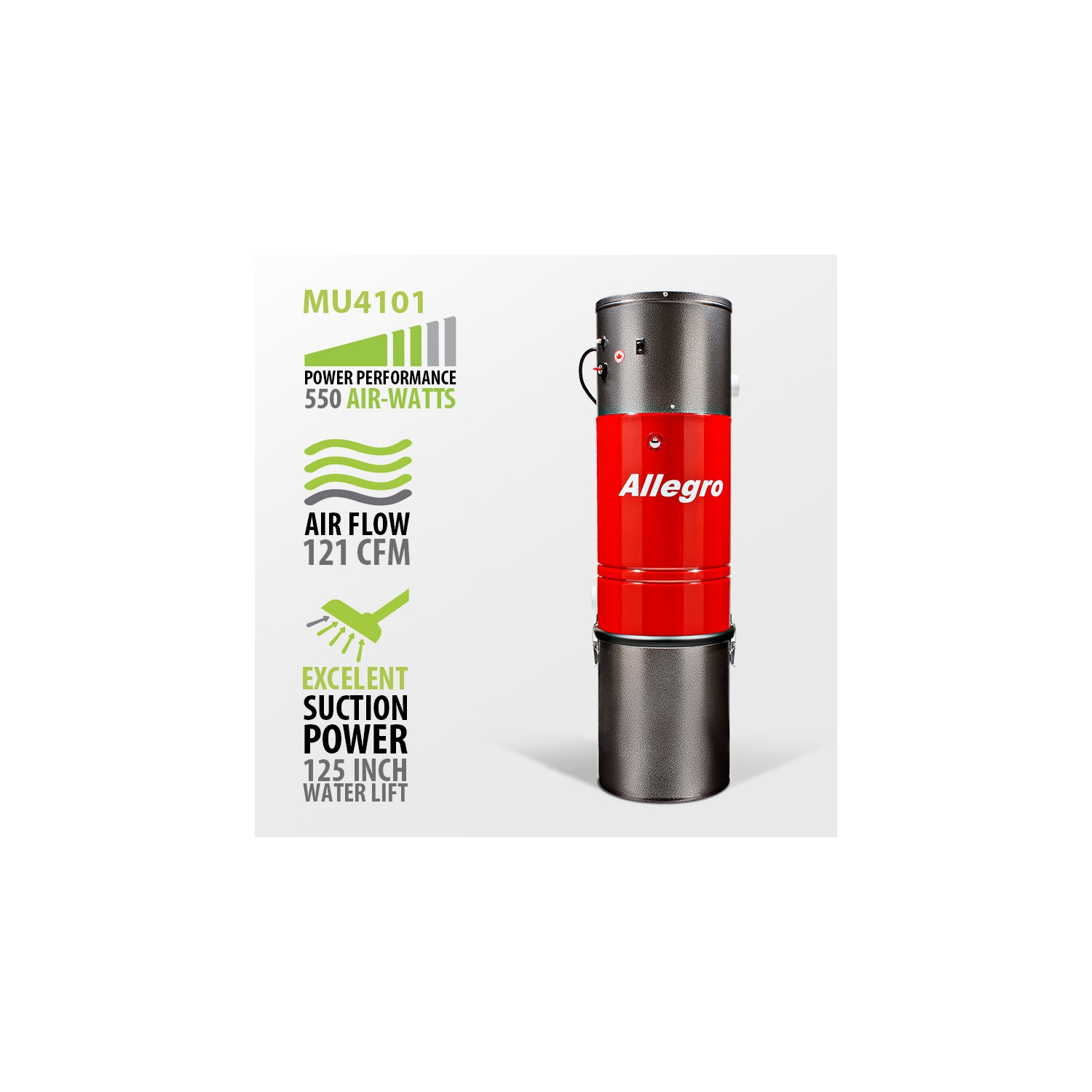 Allegro MU4101 Heavy Duty Powerful Central Vacuum System, Tangential Discharge Bypass Ametek Lamb Motor, Hybrid Filtration with Premium Deluxe Rug